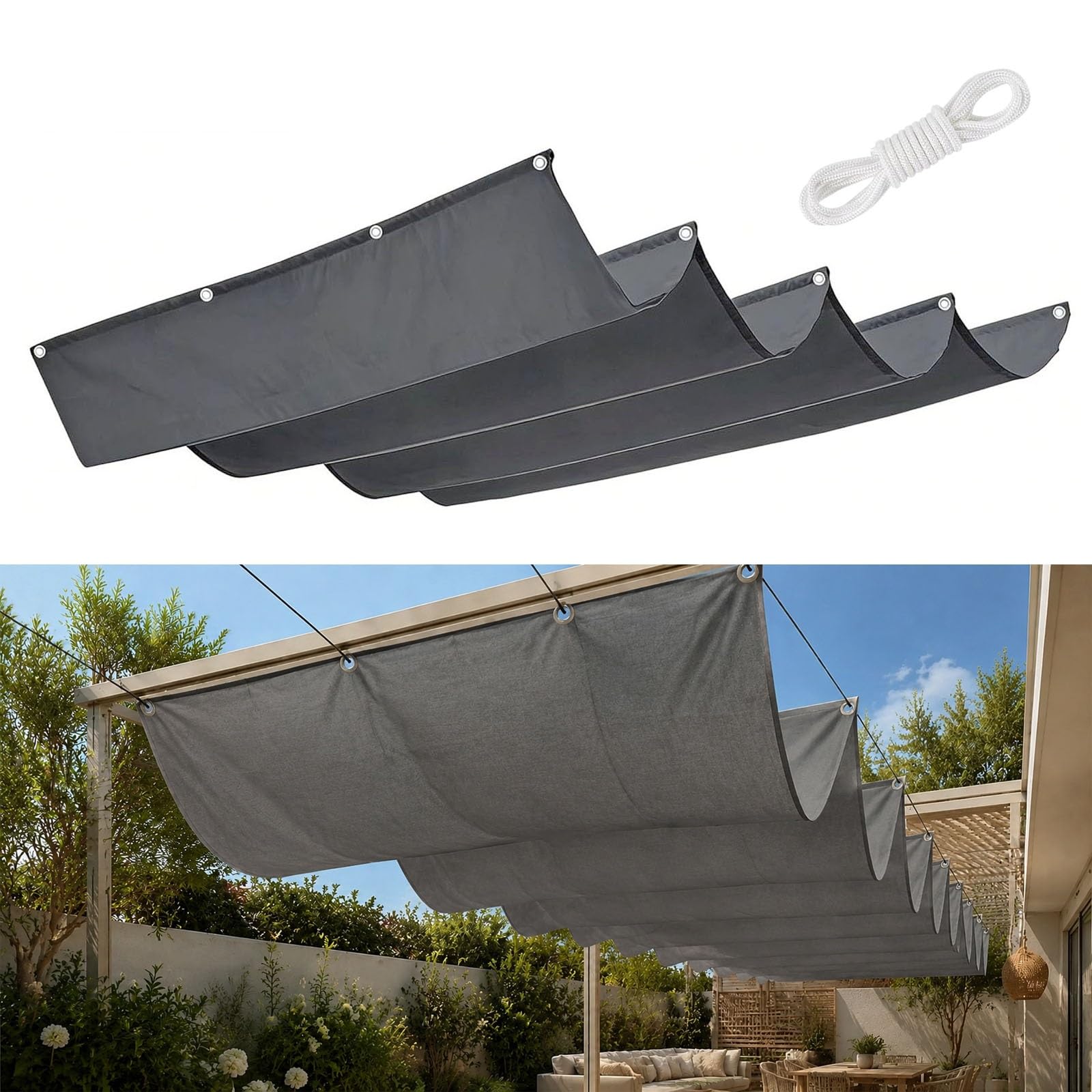 Voile ombrage rétractable vague gris foncé 90x325 cm en PES résistant à l'eau