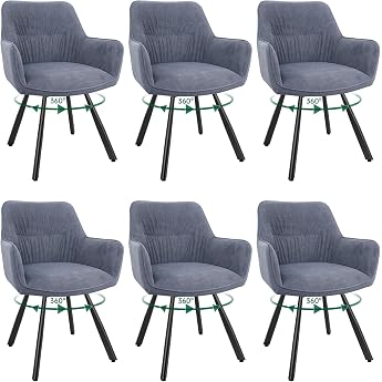 WAFTING Dining Room Chairs Set of 6 Rotatable 360  Upholstered Chair Velvet Grey