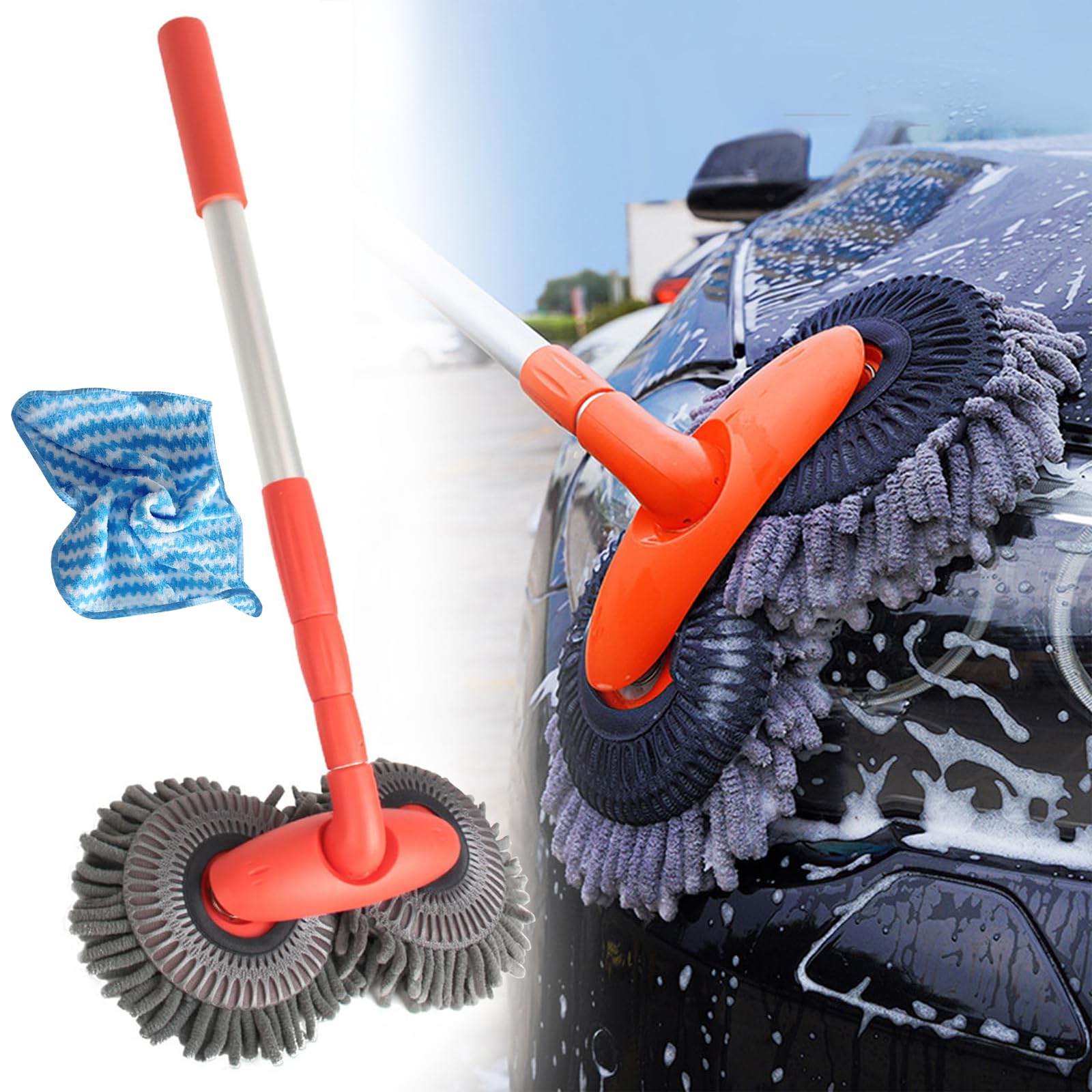 Rotating Car Mop, Double Head Car Wash Mop with Long Handle & Towel, Rotating Double Brush Head Car Wash Mop Head,Microfiber Double Head Car Wash Brush Long Handle Caravan Cleaning Brush (1/Set Mop)