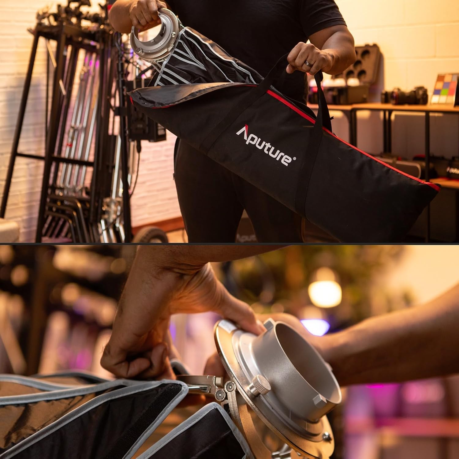 Person removing the Aputure Light Dome III from its carrying bag.