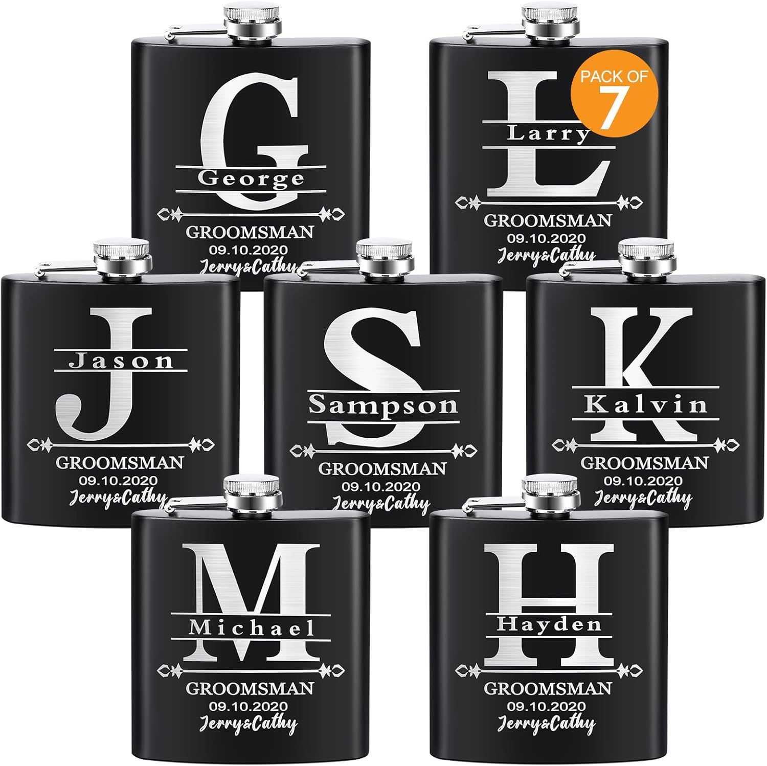 Groomsmen Gifts Set of 7, Groomsman Gifts for Wedding, Custom Stainless Steel Hip Flasks 6 Oz. Personalized Flask, Great for Best Man And Groomsman Proposal, Wedding Party Gifts, Bachelor Party Team