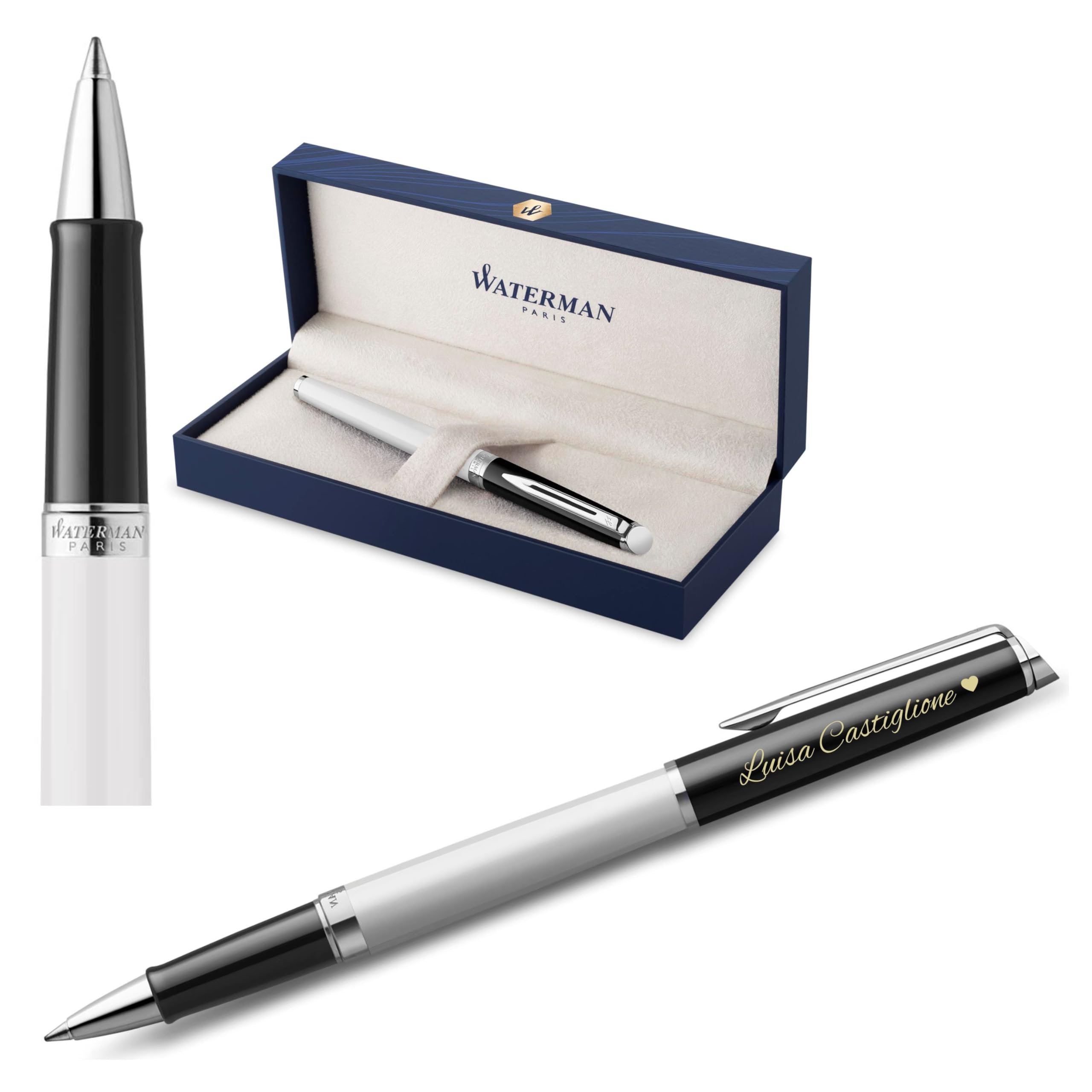 Waterman Hémisphère Roller con incisione – Strumento di scrittura di lusso personalizzato – Elegante penna da scrittura come idea regalo per donna e uomo, inchiostro blu (BLOCK BLACK&WHITE)