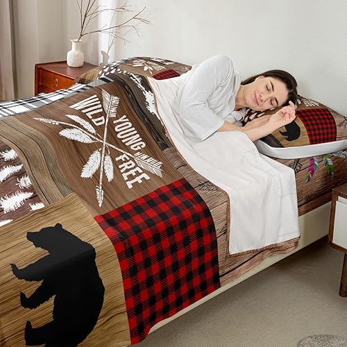 Miniatura 3 de Juego de sábanas bajeras retro de cabaña, 4 piezas, diseño rústico de aventuras, oso y ciervo, caza y vida silvestre, animales salvajes, juego de