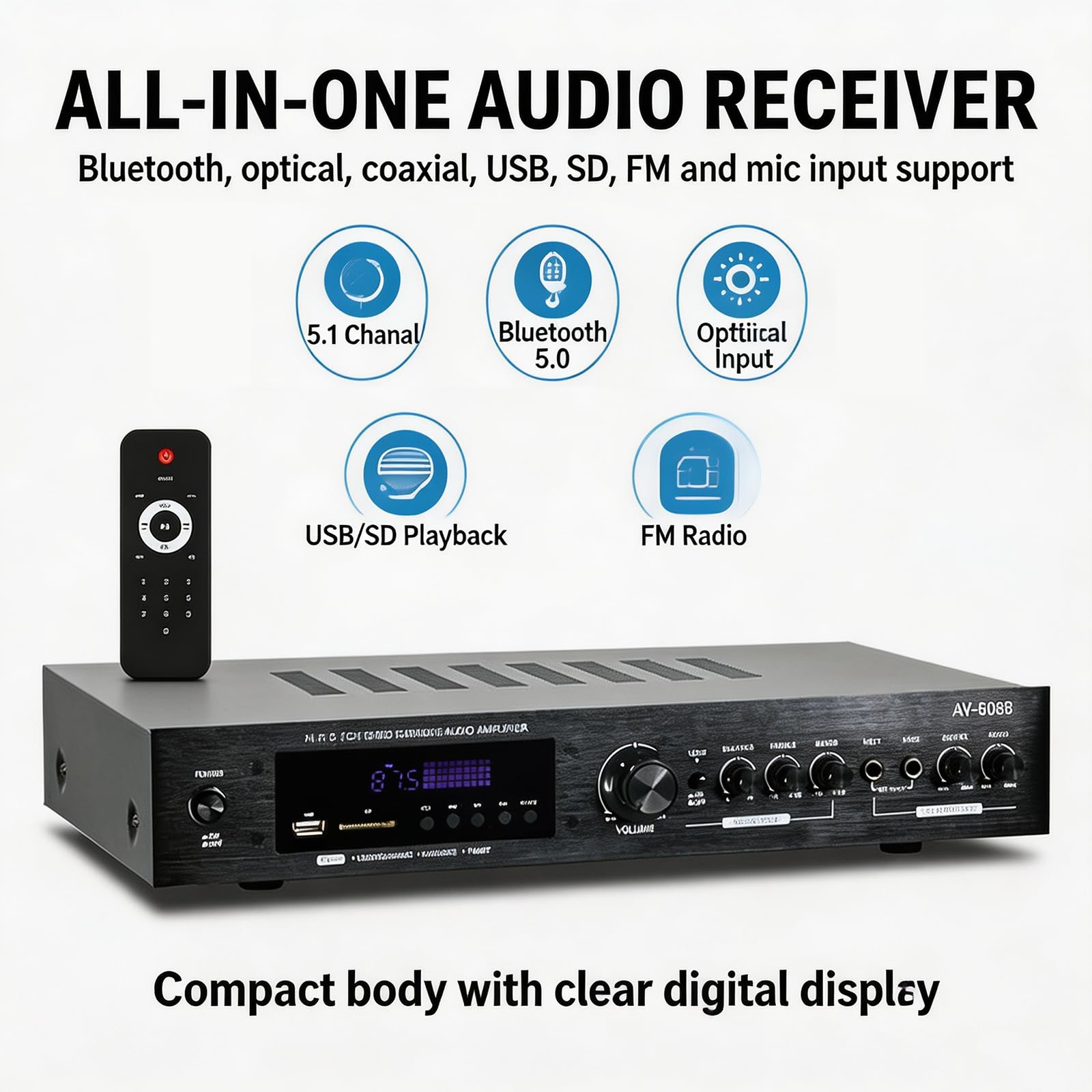 Amplificador Bluetooth Karaoke Mini Amp Inalámbrico, Amplificador Receptor Estéreo De 5 Canales Y Amplificadores Con Lcd, Entrada De Fibra Óptica Y Coaxial, Conector, Entrada De Micrófono Usb
