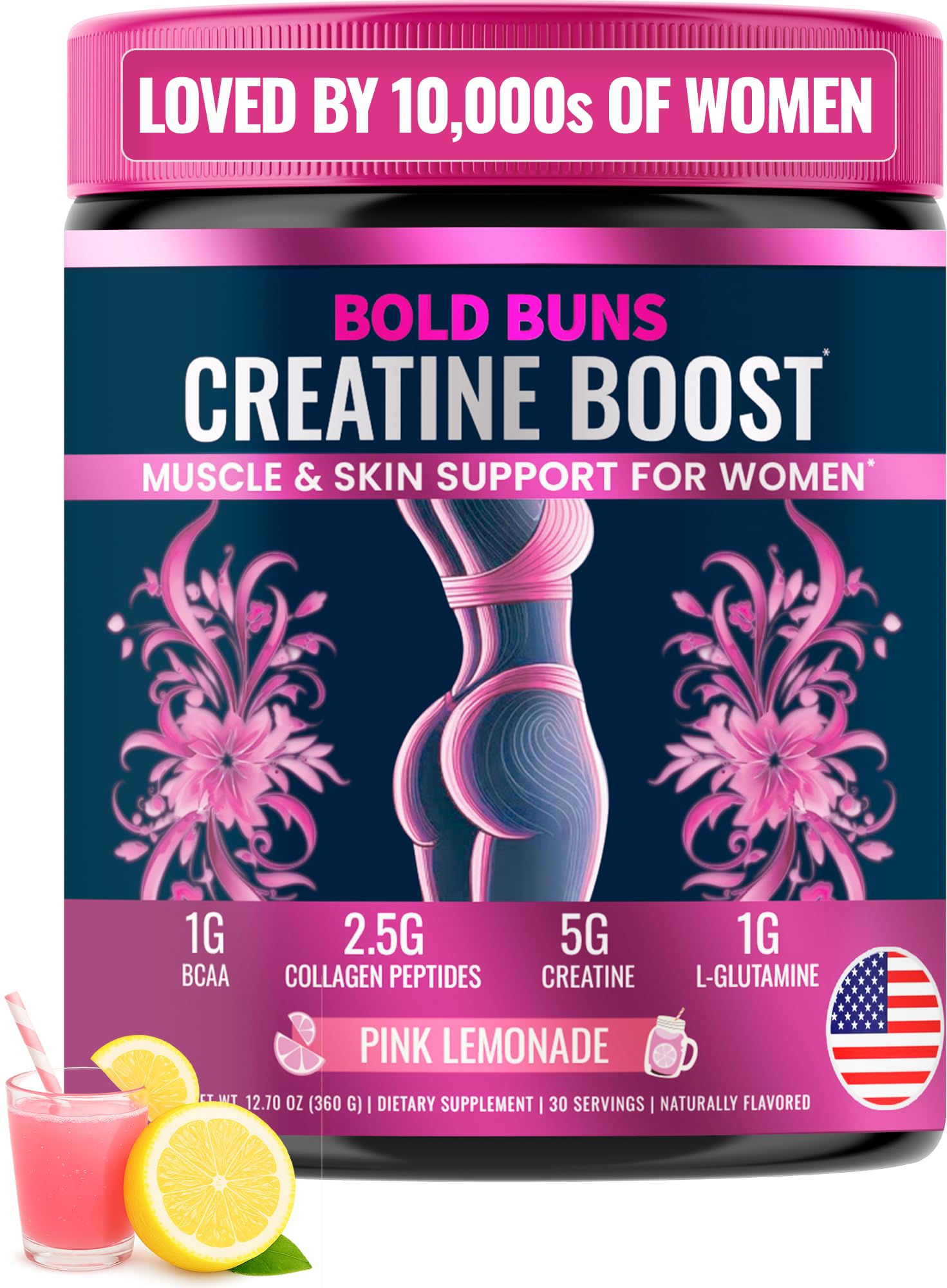 Bold Buns Creatine for Women – Supplement with Collagen & BCAA – Supports Muscle Development, Post-Workout Recovery, Skin Elasticity, Healthy Hair & Nail (30 Servings, Pink Lemonade)