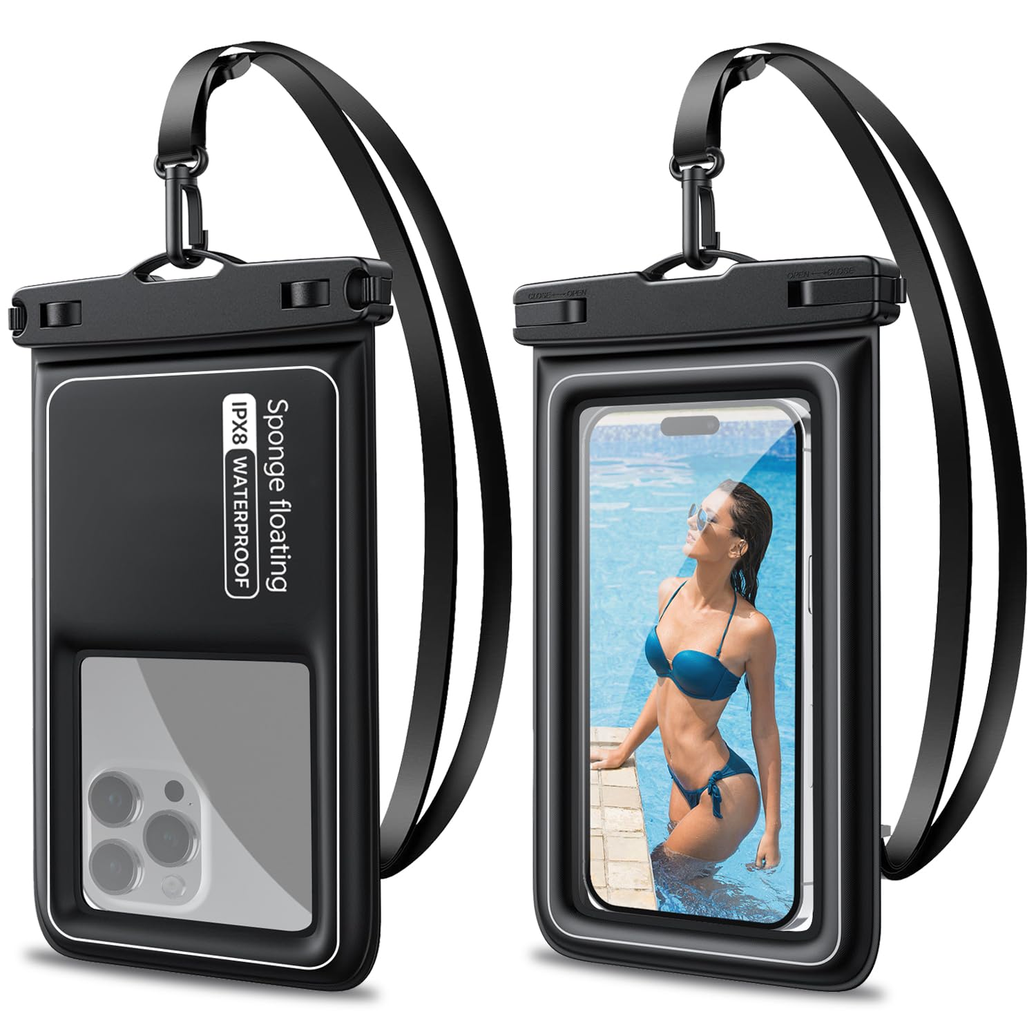 2-teiliges schwimmendes wasserdichtes Handy-Tasche, IP68 Unterwasser-Handyhülle bis 7,5 Zoll, HD-Touchscreen, schwarz