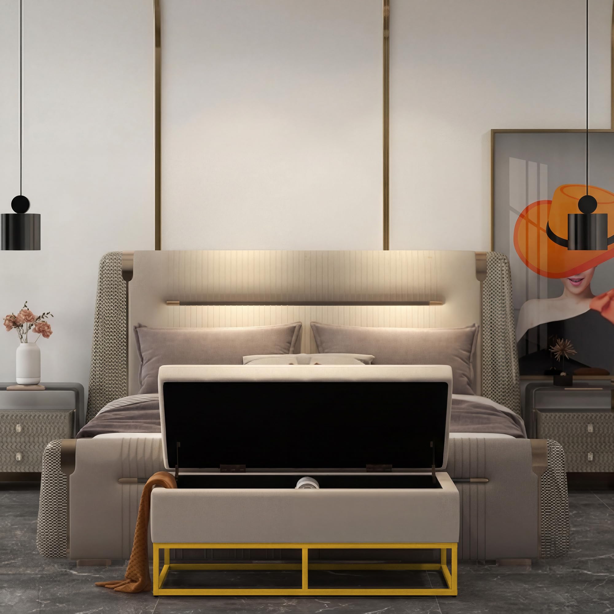 HOMCOM Sitzbank mit Stauraum Klappdeckel Sitztruhe Beige 110 x 44 x 49 cm | Gepolstert, Samtoptik, Polsterbank, Bettbank, Truhenbank mit Stahlbeine, Für Wohnzimmer, Schlafzimmer