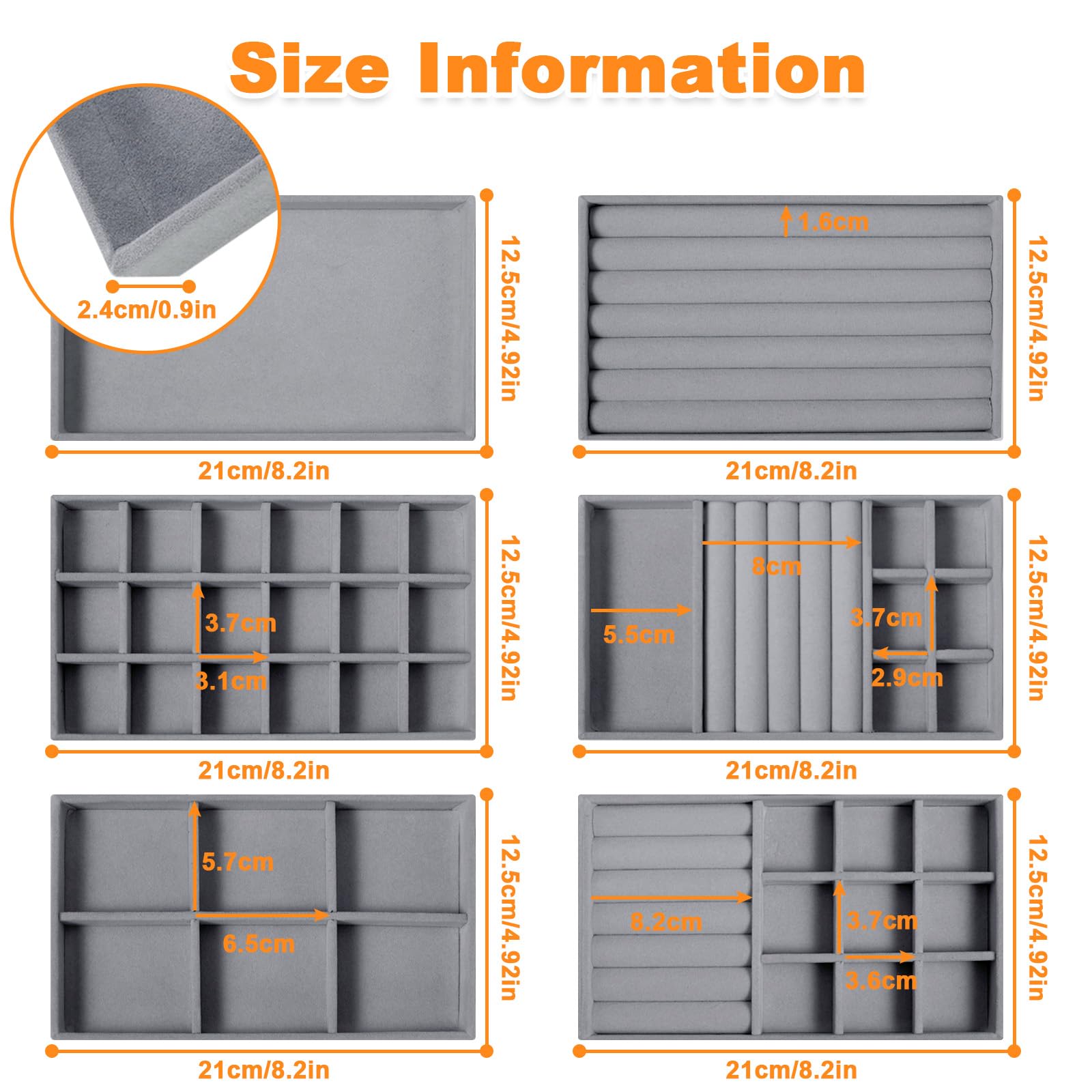 Jortmrd 6 Plateaux Organisateur Bijoux En Velours Gris - Rangement Bagues Colliers Bracelets
