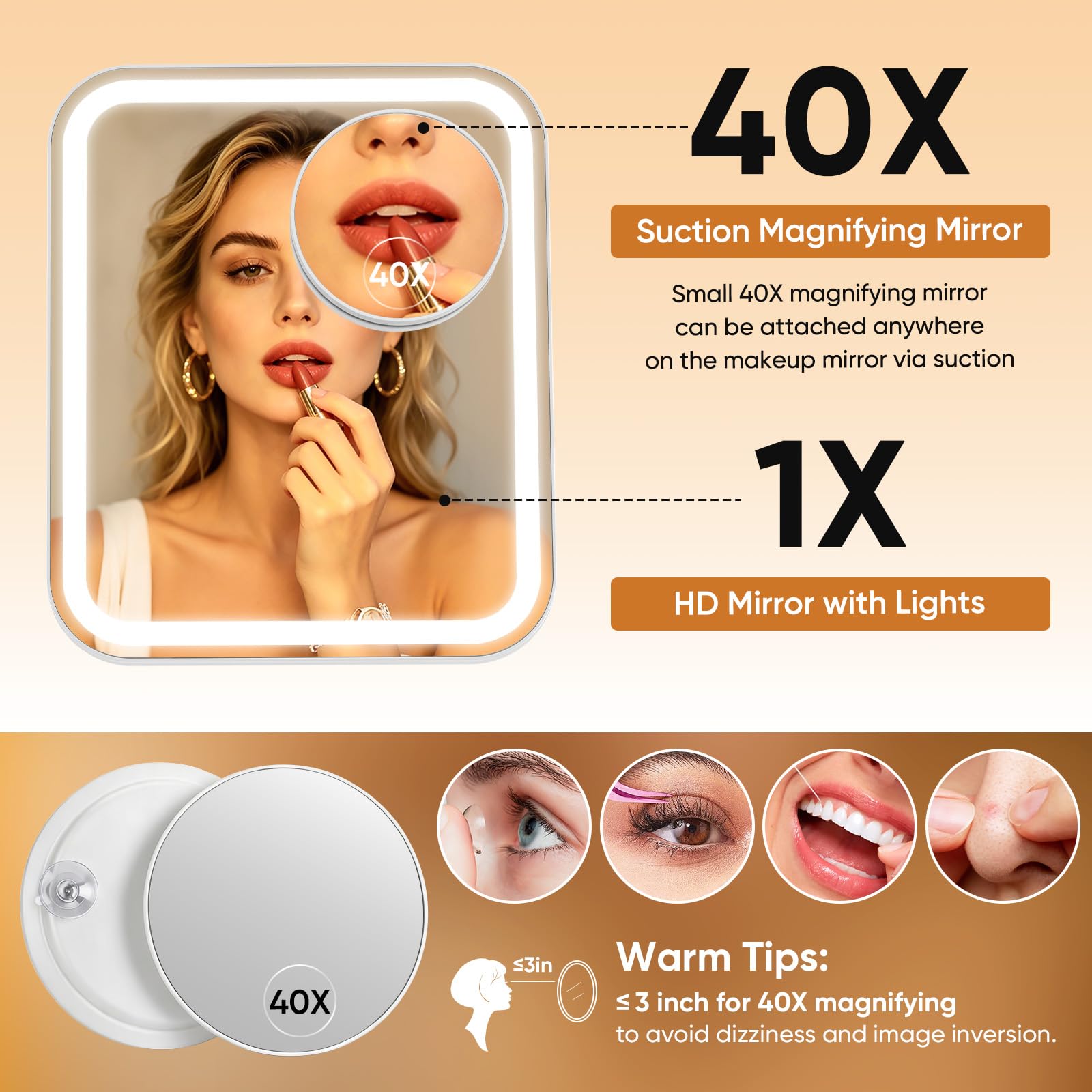 FUNTOUCH Großer Make-up-Schminkspiegel mit Lichtern, 5000 mAh, 30,7 x 25,9 cm, wiederaufladbar, beleuchteter Schreibtisch-Make-up-Spiegel mit 40-facher Vergrößerung, 96 LED-Leuchten und 3-farbiger