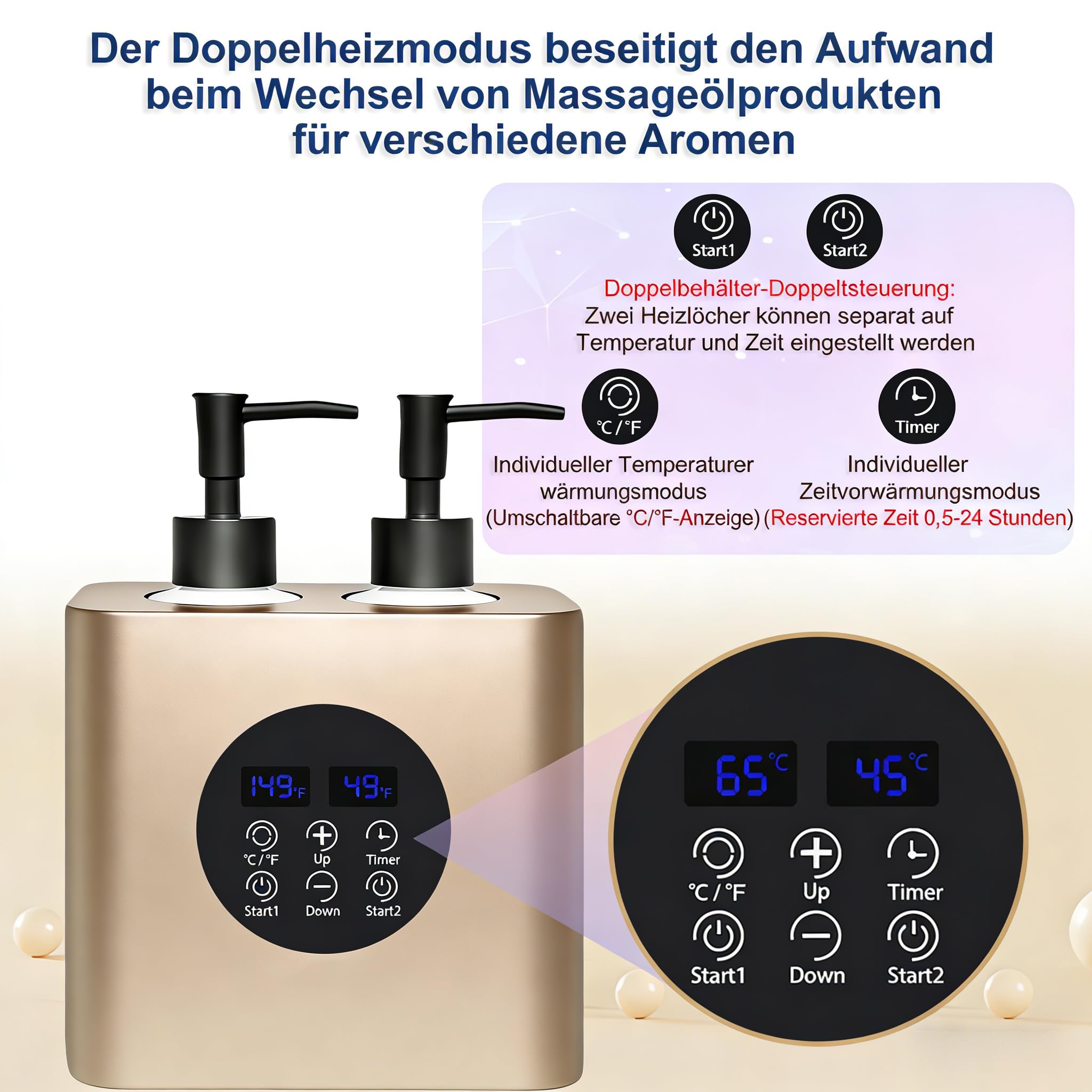 Professioneller Doppelflaschen Massageöl Wärmer mit 4 Flaschen, Einstellbare Temperatur 30–65°C & Timer 0,5–24H für Spa (Champagnergold)