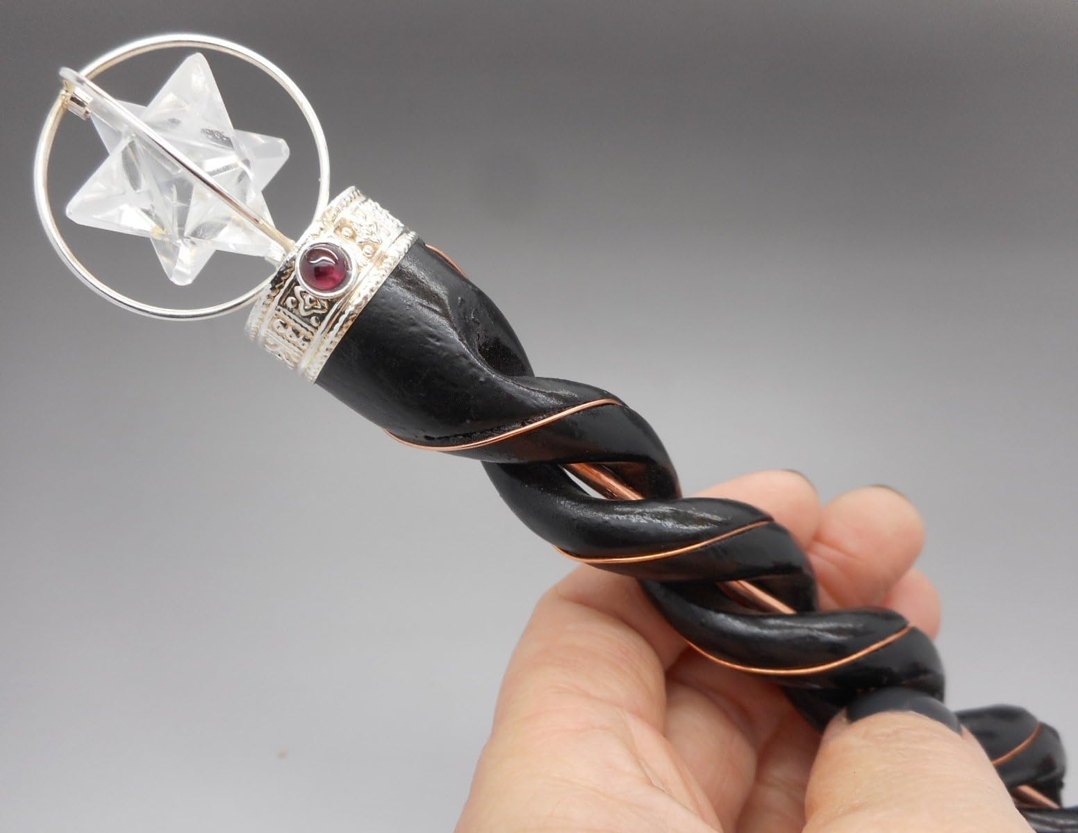 Rosewood Wand with Spinning Crystal Quartz Merkaba Star 11" to 12"