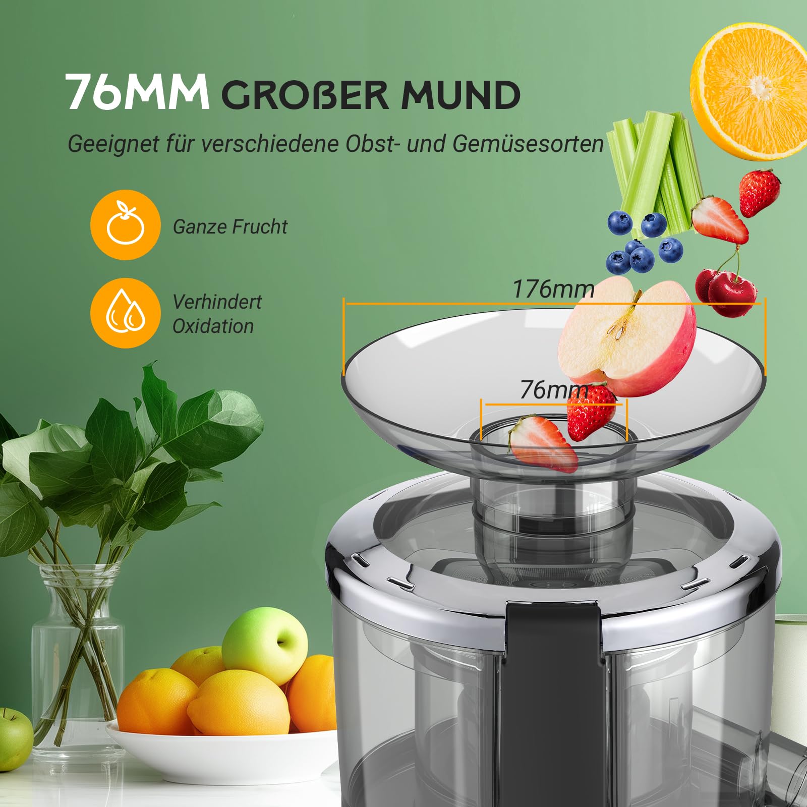 Entsafter, 600W Juicer Machine für Obst und Gemüse in Edelstahl, 76mm Zufuhröffnung, 3 Geschwindigkeiten, Anti-Tropf-Funktion und Überhitzungsschutz Leicht zu bedienen und zu reinigen,BPA-frei