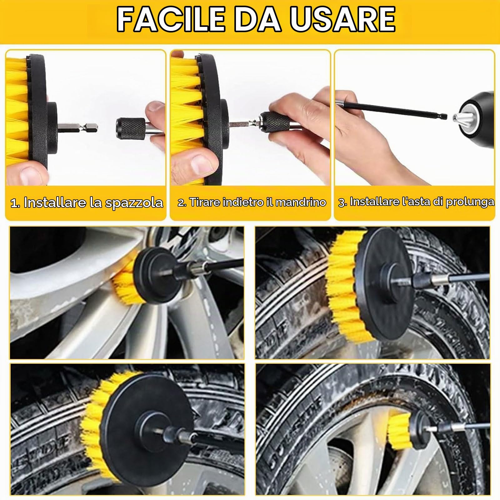 Set di 3 Spazzole per Trapano per Pulizia Universale – Spazzole Trapano in Nylon con Durezza Media, Adatte per Cucina, Auto, Bagno, Piastrelle e Ruote, Kit Pulizia Auto e Doccia