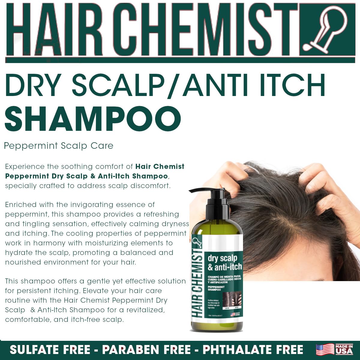 Hair Chemist Szampon miętowy do suchej skóry głowy i łagodzenia swędzenia, 100 ml odżywcza formuła, która łagodzi podrażnienia