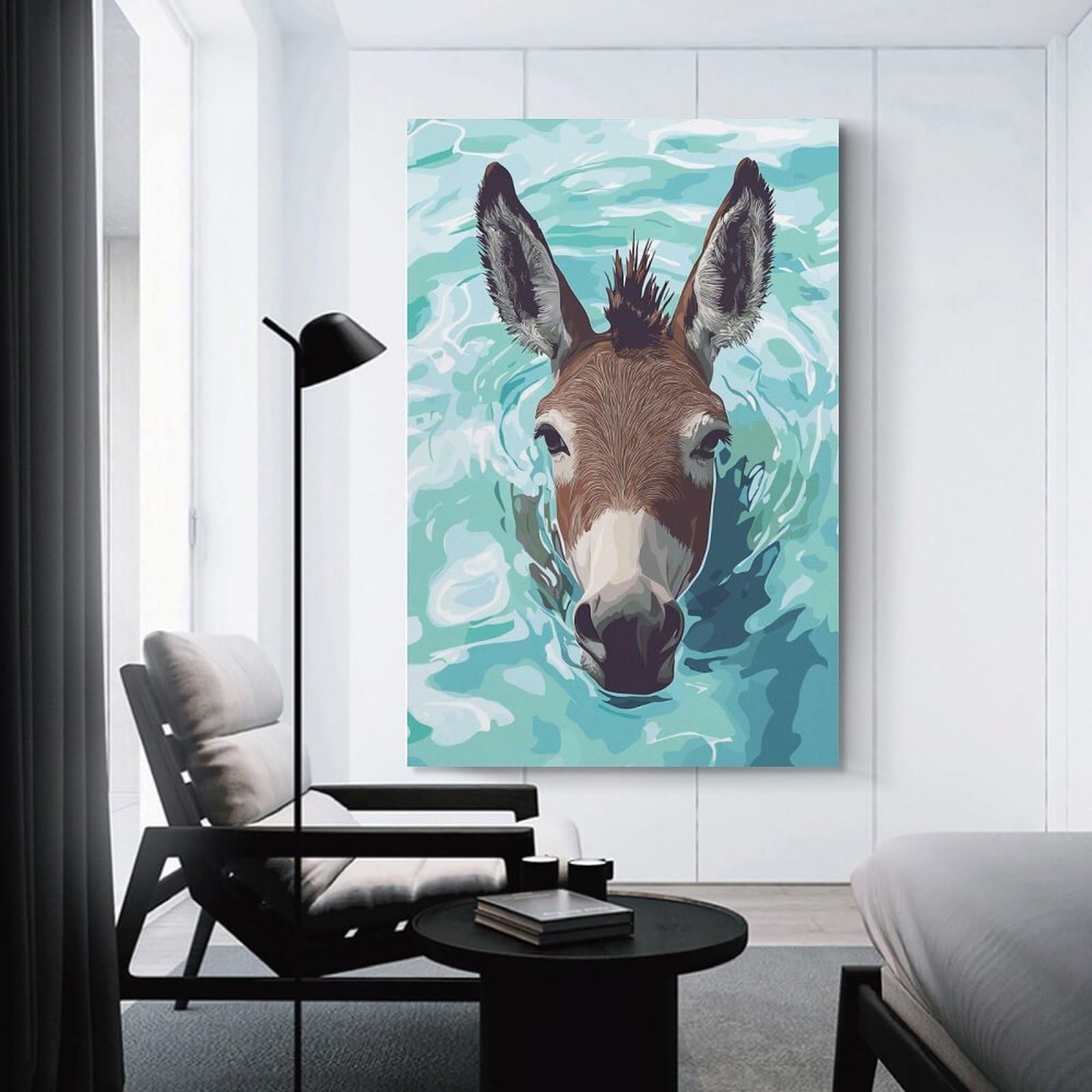 Junmoney Donkey Swimming in Blue Water Canvas Wall Decor, 20x30inch(50x75cm), for Bedroom, Guest Room Or Reading Nook, Canvas Wall Decor for Personal Spaces