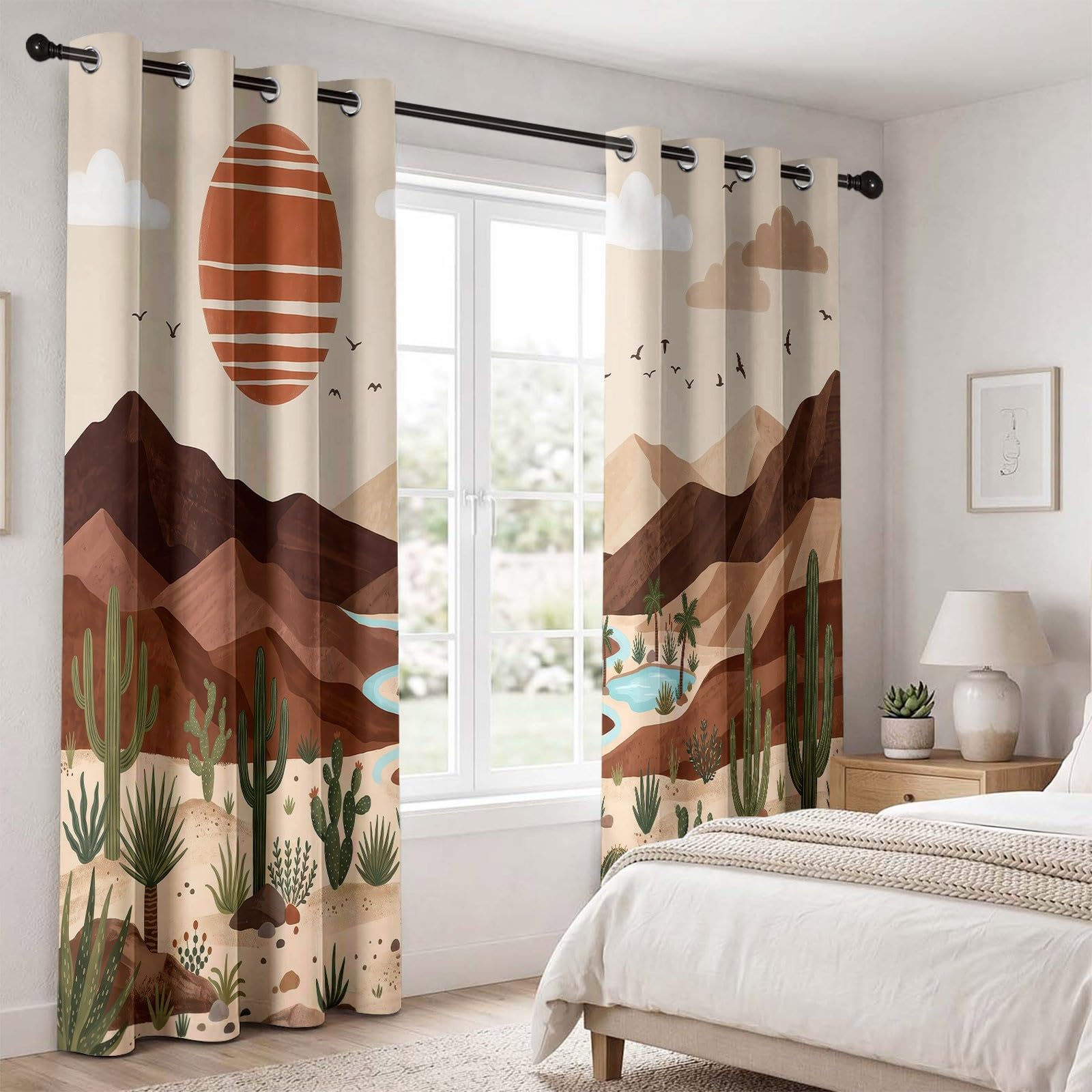 Generisch Verdunkelungsvorhänge mit Wüste Berge Kaktus Sonne Print, Natur Minimalistisch Vorhänge für Wohnzimmer Schlafzimmer, Schalldicht Wärmeisolierend Braunes Vorhang, H215 x B110 cm x 2
