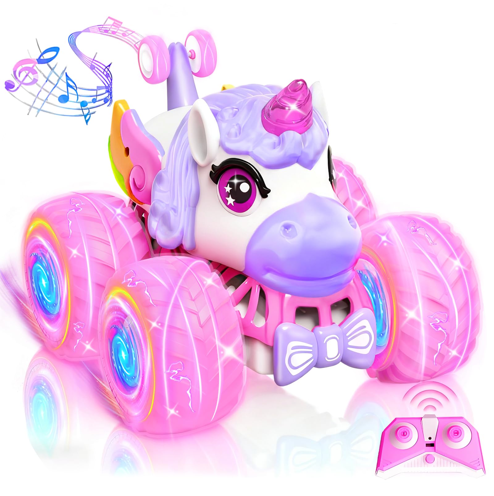 Unicorno Macchina Telecomandato per Bambini - Auto Stunt Rotante a 360° con Luci a LED, Giocattolo Auto Telecomandata 2,4 GHz per Interno Esterno Regali di Compleanno per Ragazze dai 3+ Anni