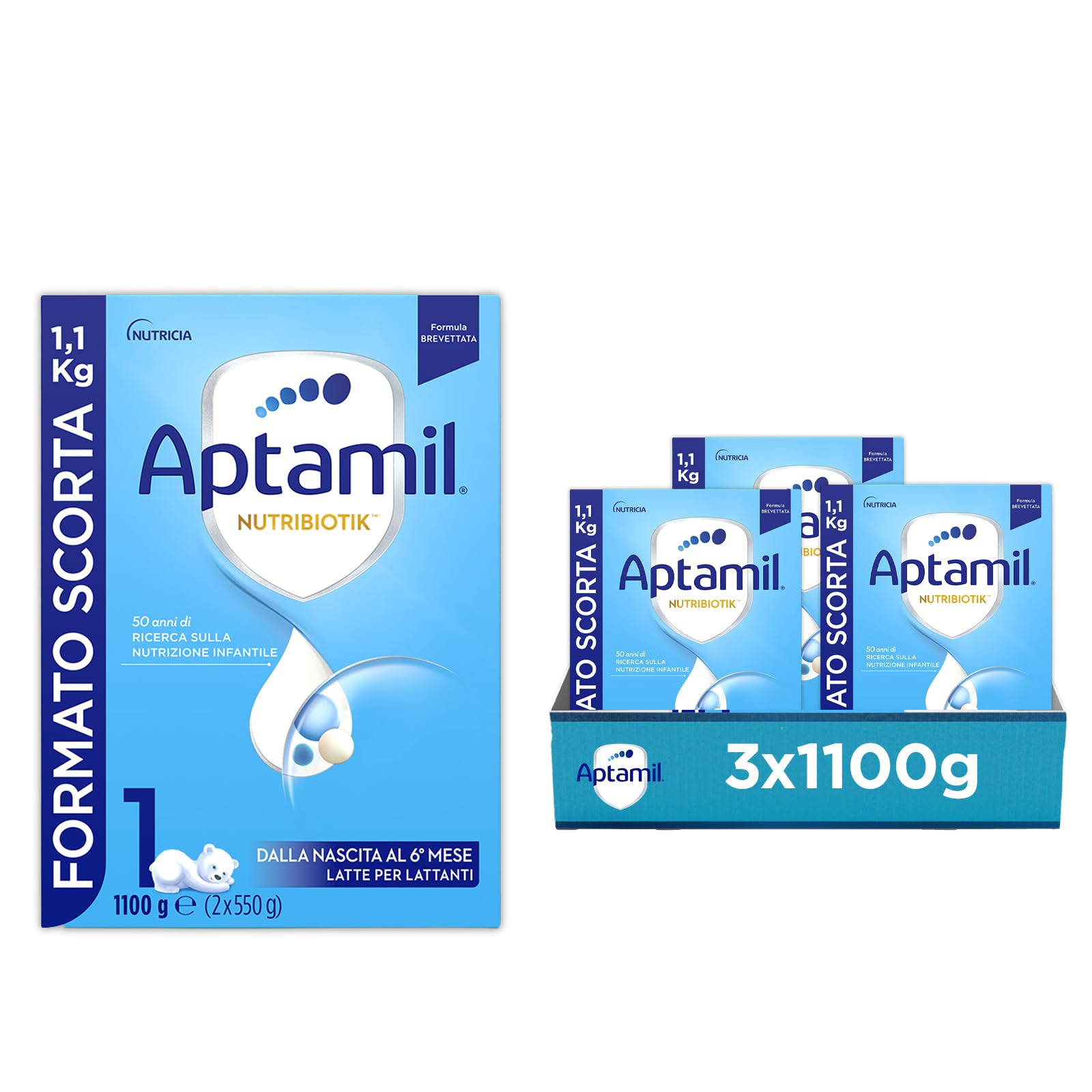APTAMIL Nutribiotik 1 - Latte per lattanti in polvere dalla Nascita al 6° mese, Formula Brevettata - Confezione 3300 grammi (3 confezioni da 1100g)