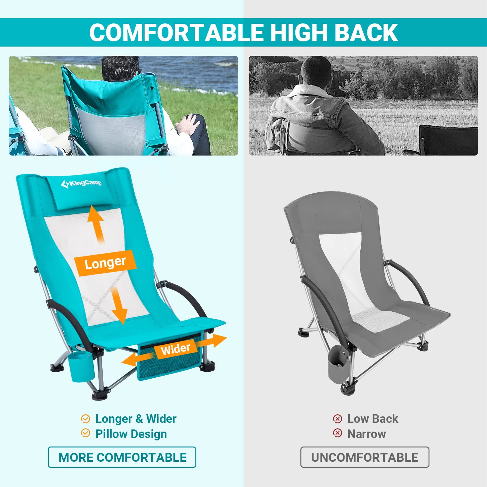 Kingcamp High Back Low Seat Folding Beach Chair Lightweight