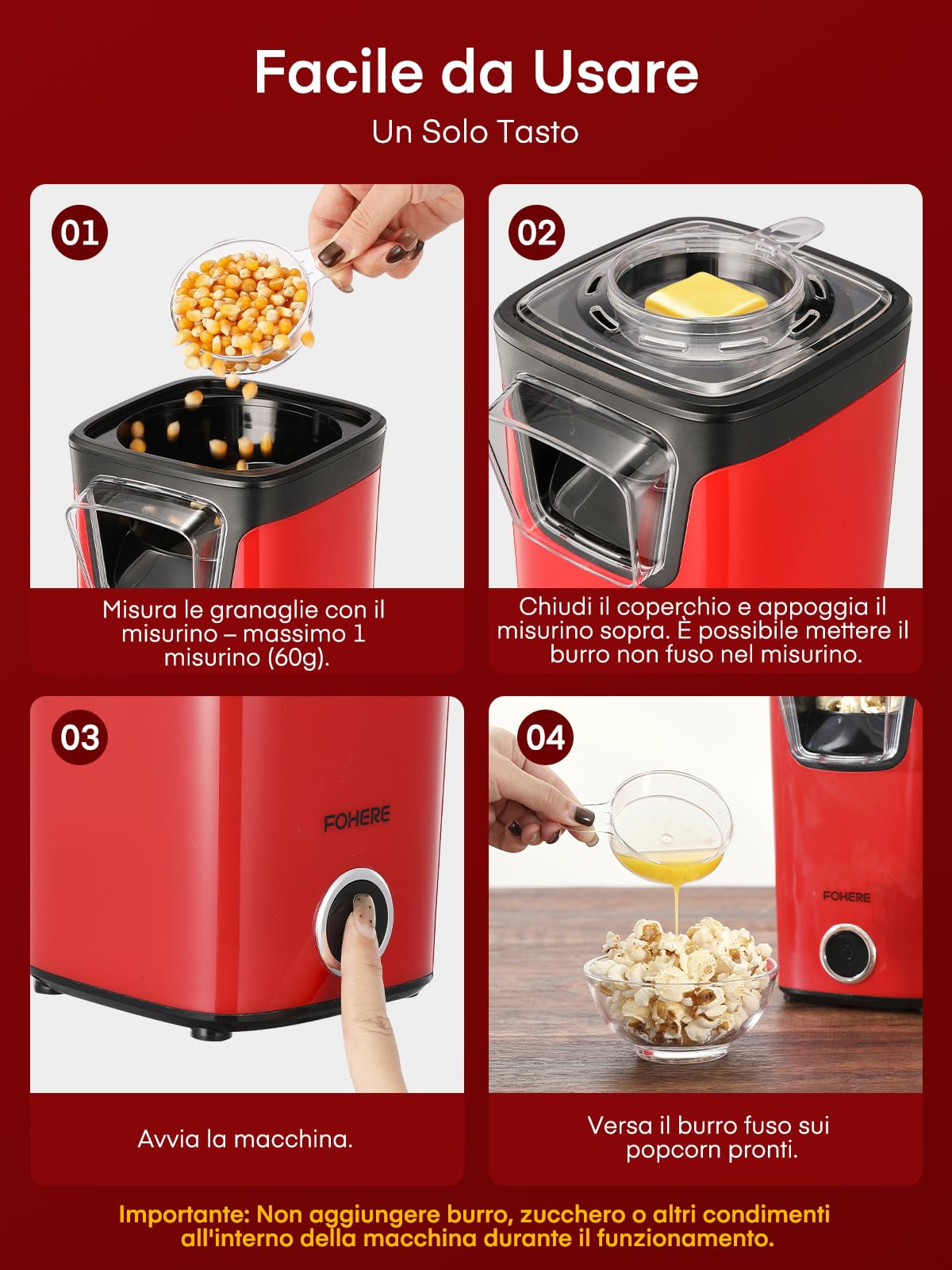 FOHERE Macchina Popcorn, 1100W Macchina per Pop Corn Dotato di Misurino e Coperchio Trasparente, Senza Grassi Né Oli, Gustoso e Salutare, Ideale per Serate Cinematografiche e il Natale
