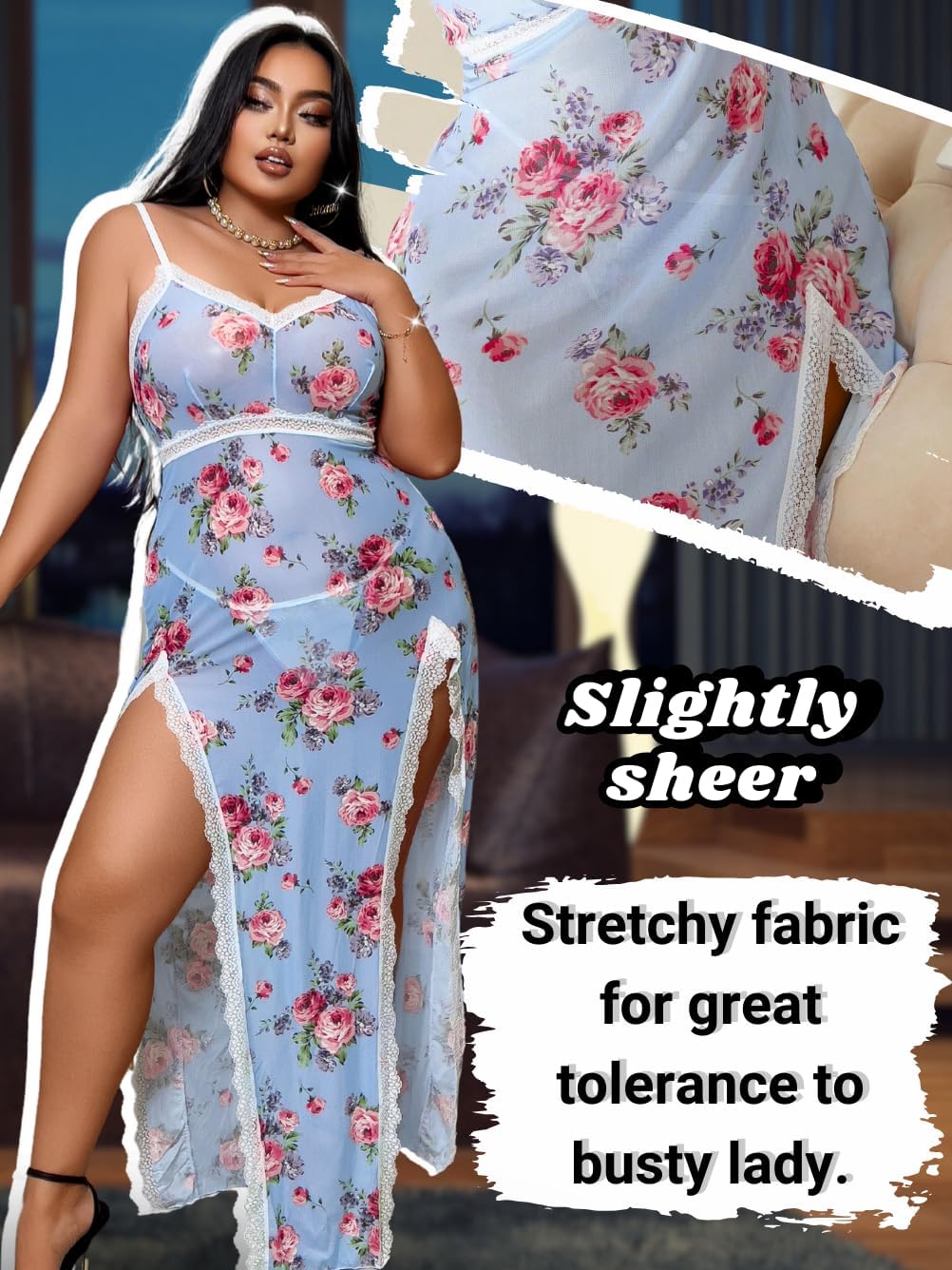 ChiaoLezhee Ditsy Floral Lingerie Dress, Nightgowns For Curvy Women, Fit 1XL-4XL, Plus Size High Slit Sexy Chemises Negligees