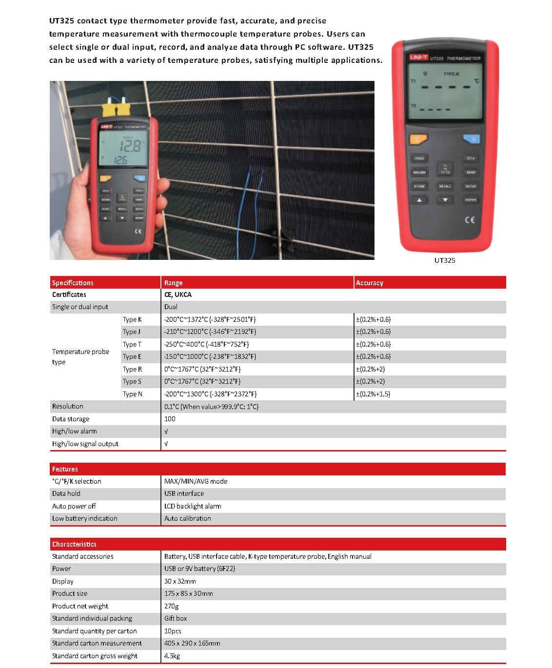 UNI-T Uni-trend Thermomètre Industriel UT325 Contact Thermocouple Thermocouple Thermocouple Digital High Limit/Low Limit Alarm Stockage de données Transfert de données USB