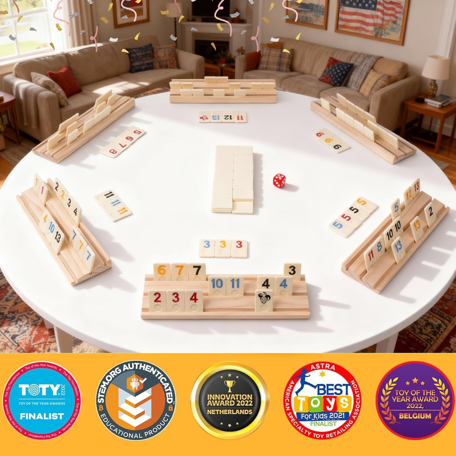 Amazing Pride® Upgraded 2-6 Players Rummy Cube Game with 6 Wooden Racks, 160 Tiles, Drawstring Bag, Premium Portable Zippered Case