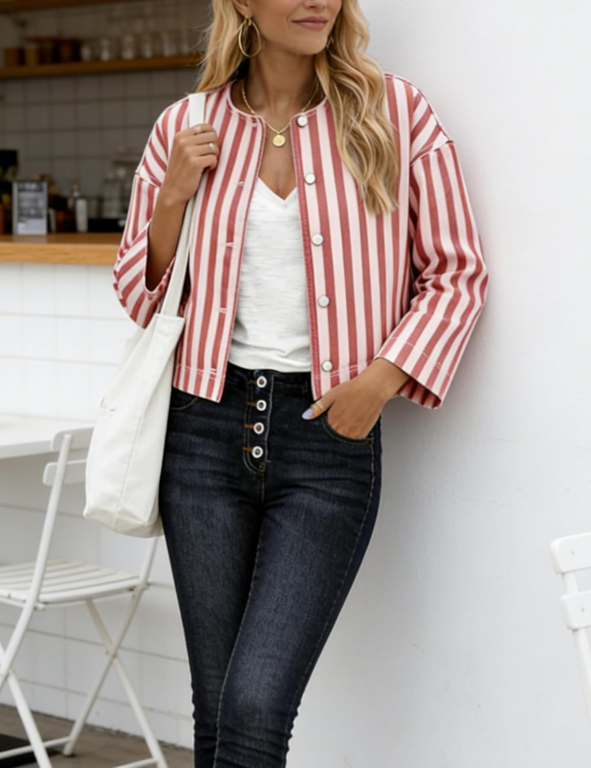 Women's Cropped Striped Jackets Crewneck Button Down Oversized Coats Outerwear with Pockets