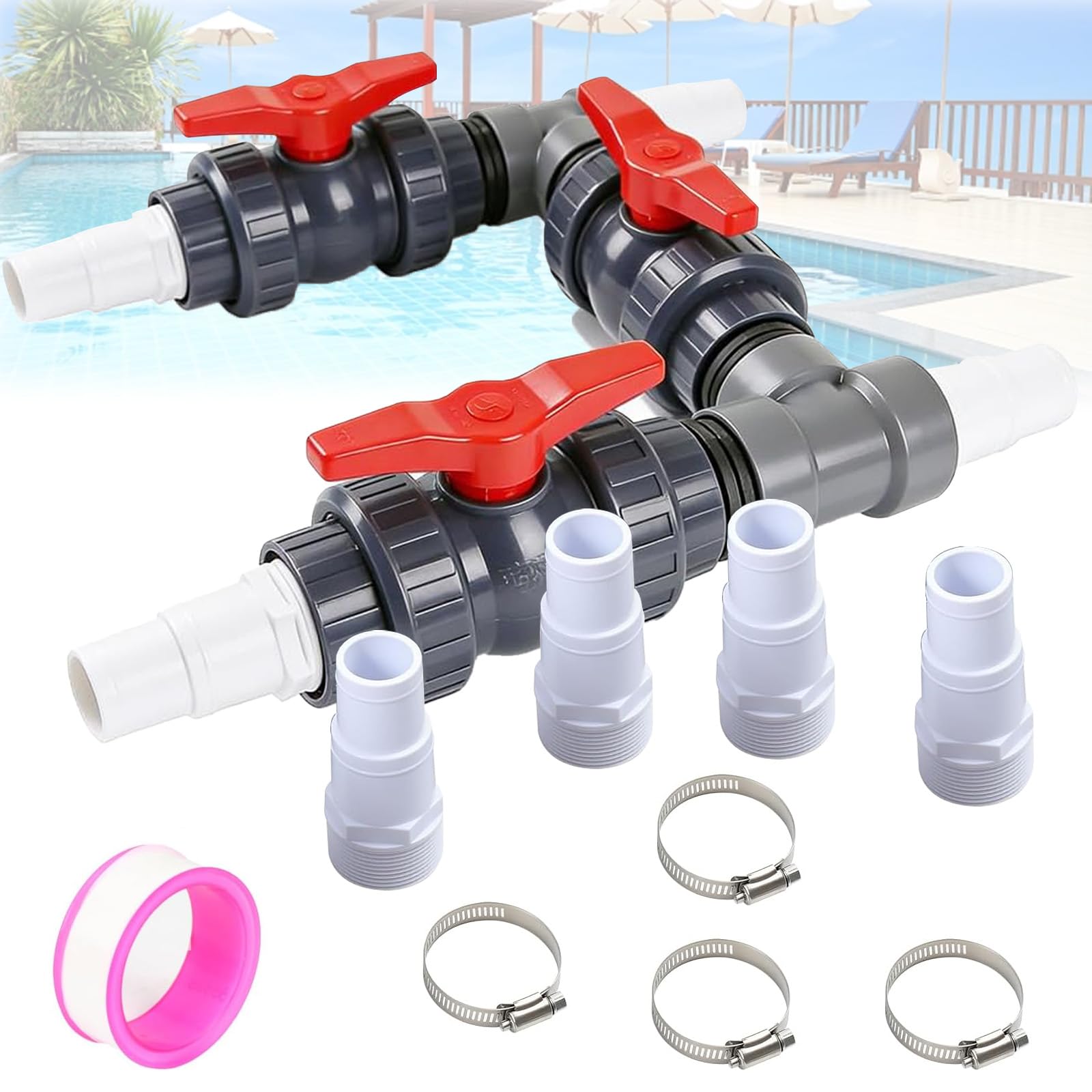Bypass Pool Set, Ø 50 mm Wärmepumpe Pool Anschluss Set, Bypass Set für Pool inkl. 32mm & 38mm Schläuchen und Adaptern, zur Präzisen Steuerung der Wasserzufuhr und Optimalen Temperaturreg