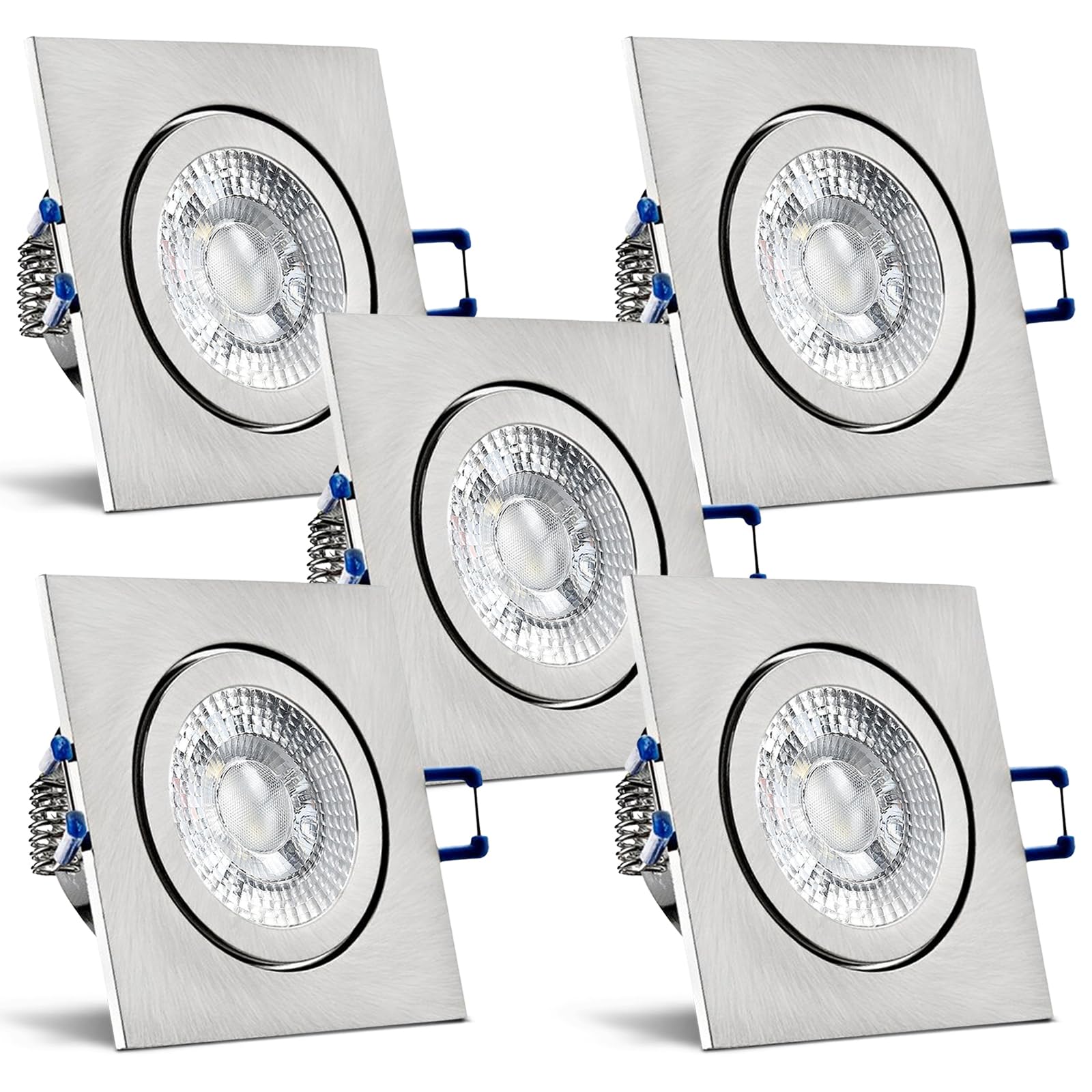 trendlights24 Mare IP44 Decken LED Bad Einbaustrahler flach 230V 5W 5er Set | Einbauleuchte, ultra flach, 35 mm ET, LED Spot, 400lm, 4000k, Neutralweiß, Edelstahl Optik gebürstet, eckig, Feuchtraum