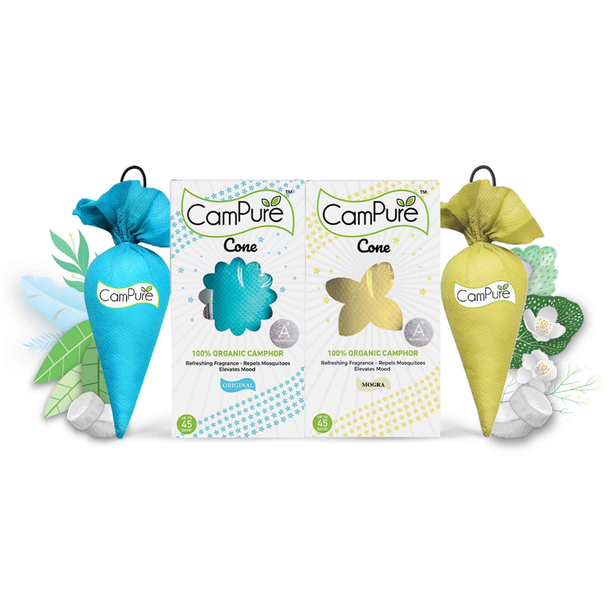 CamPure Camphor Cone (1 Original + 1 Mogra) Pack Of 2-100% Organic | Air Freshener For Car, Wardrobe, Office Cabin's, Drawers, Travel Bag & Bathroom