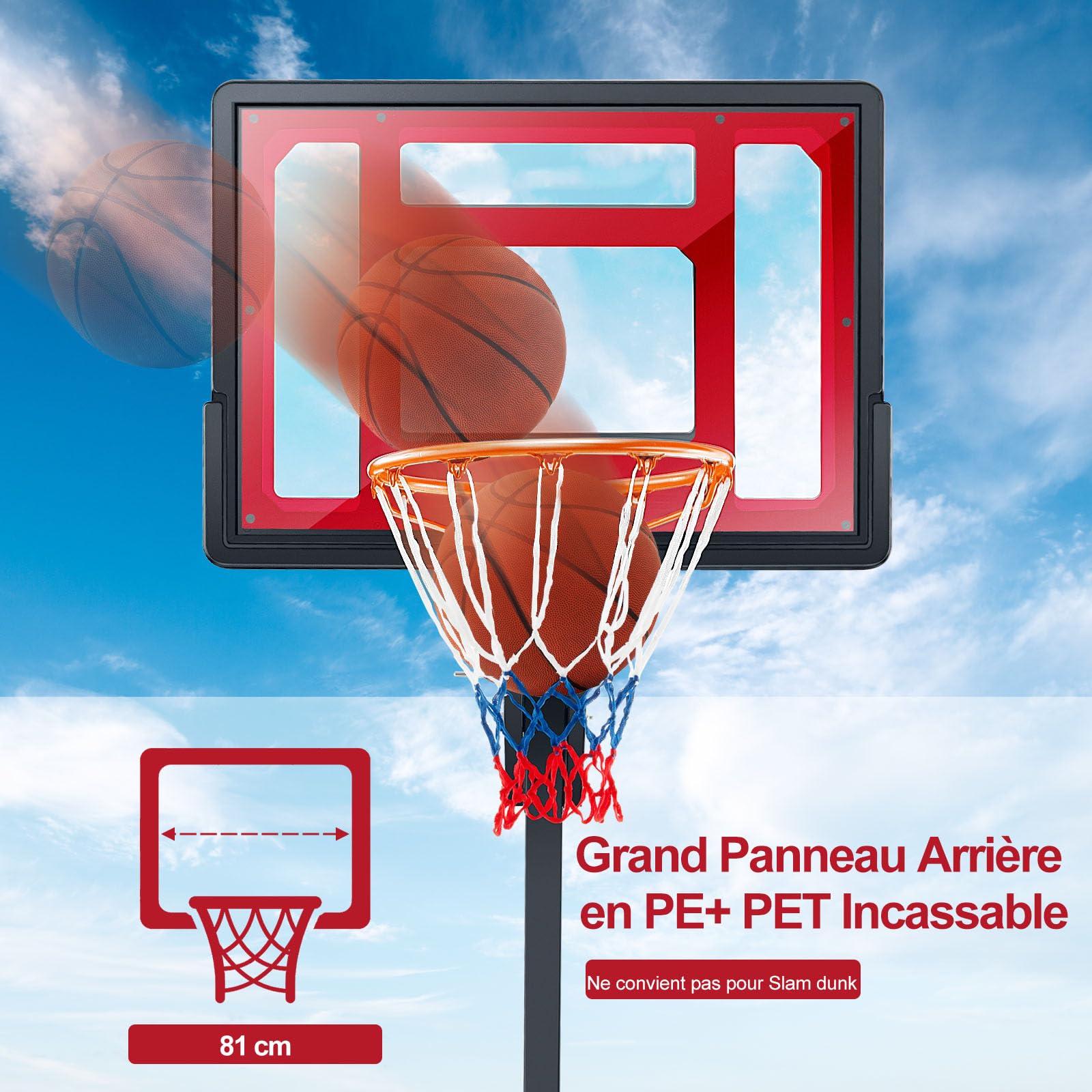 GYMAX Panier Basket Extérieur pour Bébé Enfants Adolescents, Hauteur Réglable 105-260cm, Base Remplissable avec Sac de Poids, Mobile avec Roues, Panneau Incassable