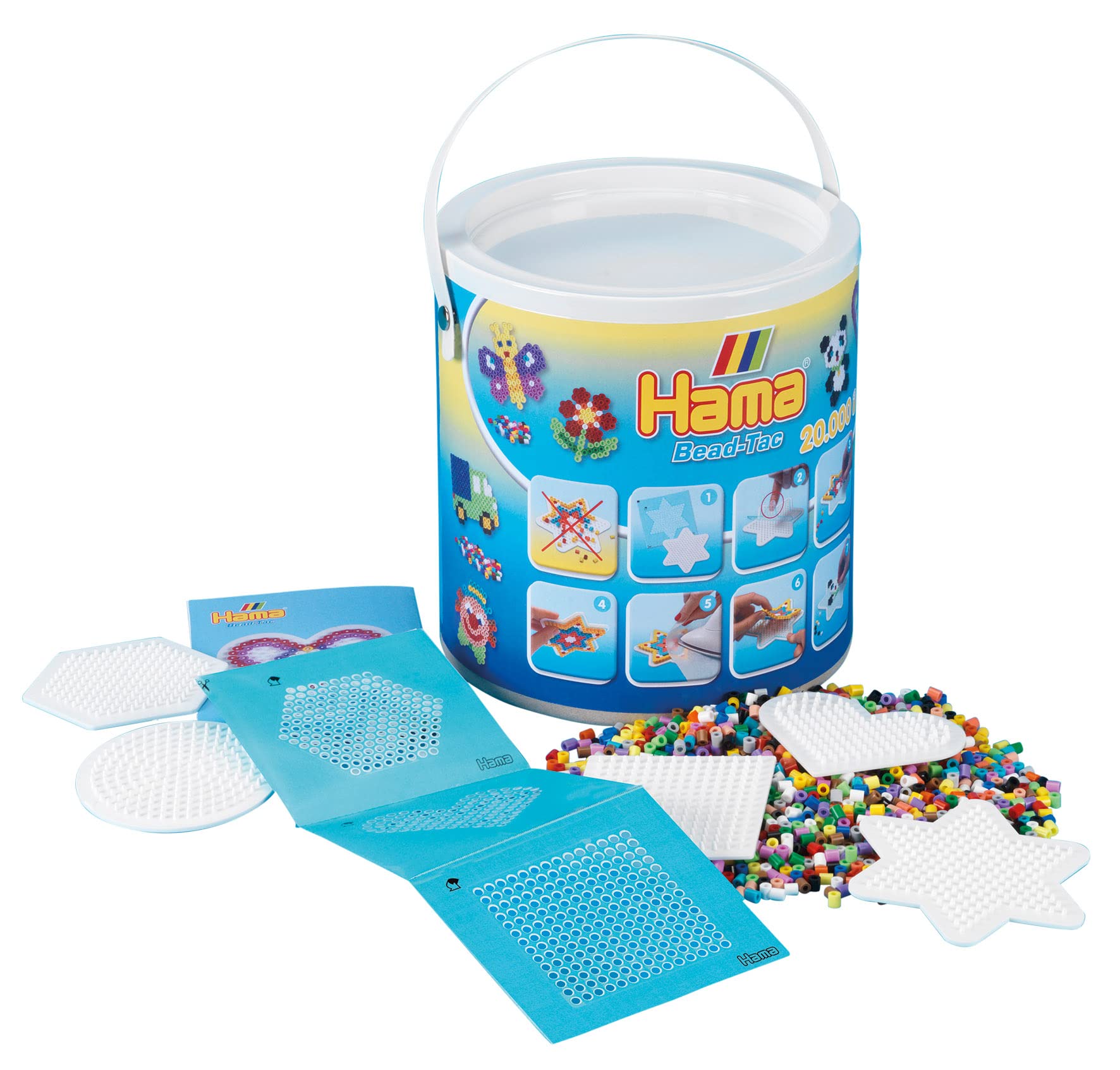 Hama Perlen 7701 zestaw z wiadrem i ok. 20 000 kolorowych koralików do prasowania Midi o średnicy 5 mm w podstawowych kolorach, 5 płytek na długopisy, w zestawie papier do prasowania, kreatywna zabawa