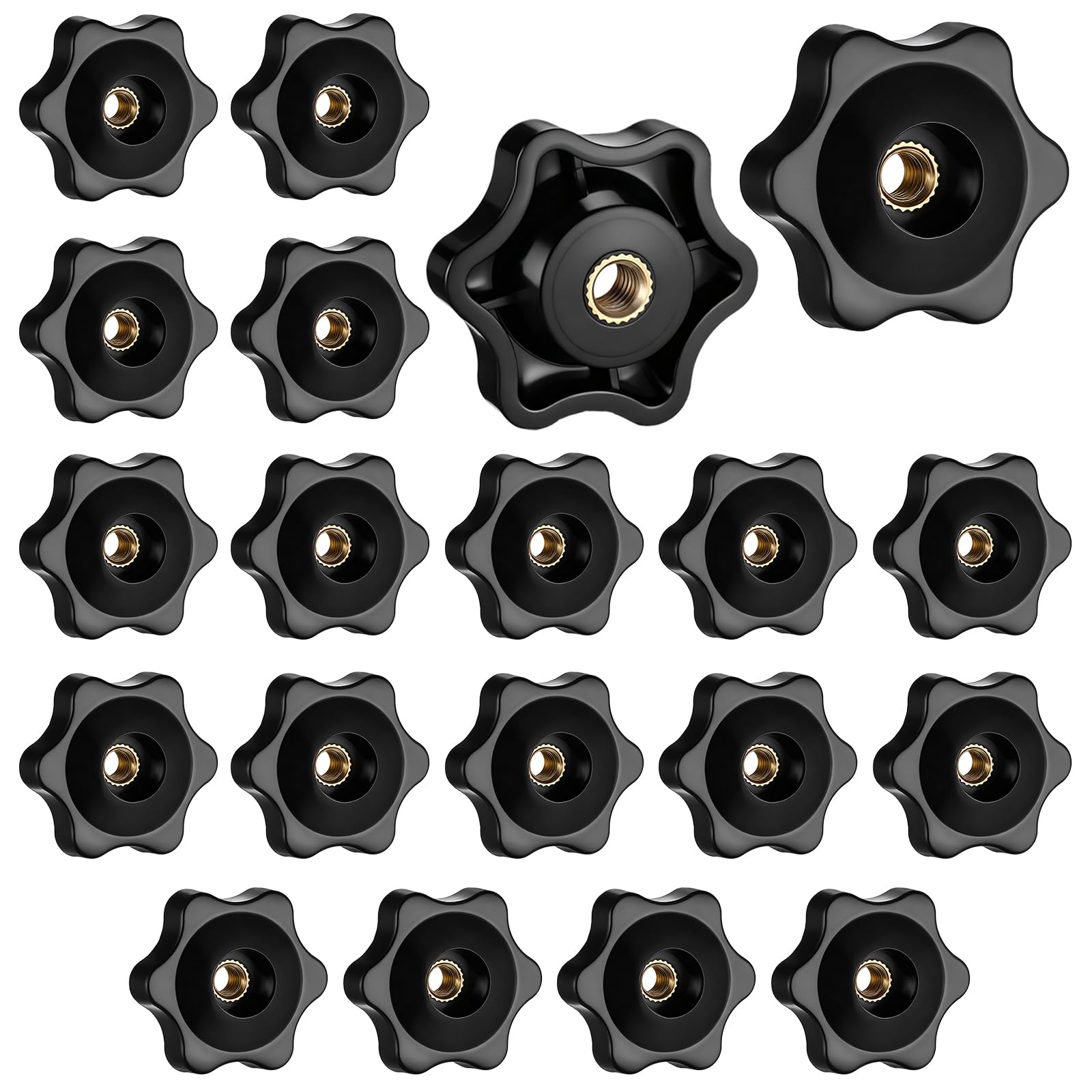 Thinp 20 Pack 1/4-20 Knob, 6 Star Knobs 1/4 Inch Female Threaded Hexagon Head Thru Knob Plastic Clamping Knobs T Track Bolts for Lawn Mower, Umbrella Base, Woodworking Tools & Jigs (Black)