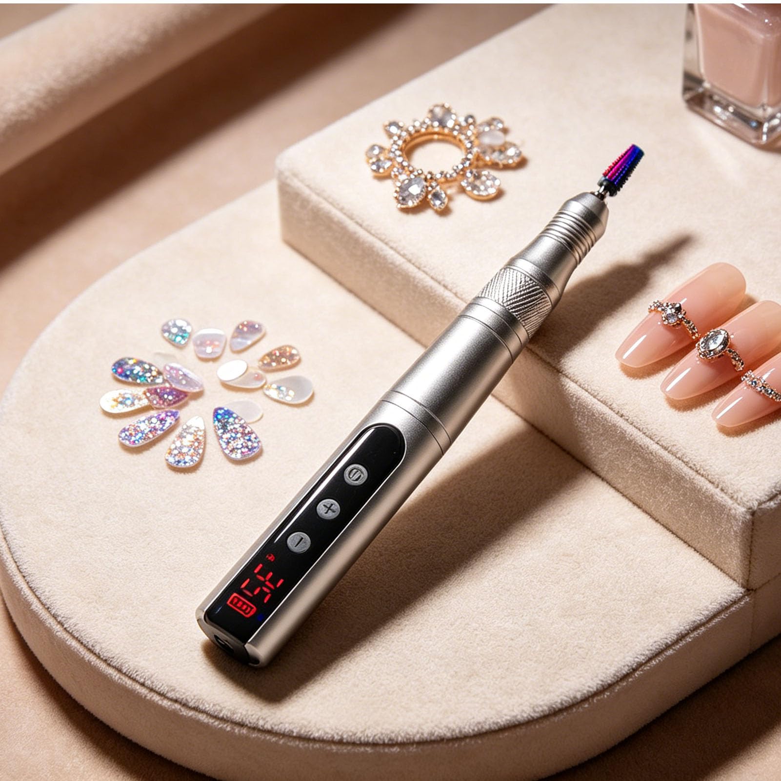 FILFEEL Kabellose Elektrische Nagelfraese, Wiederaufladbarer Nagelbohrer 35000 RPM mit Einstellbarer Geschwindigkeit, Tragbarer Nagelschleifer mit Aluminiumgehaeuse for Manikuere Pedikuere (SILVER)
