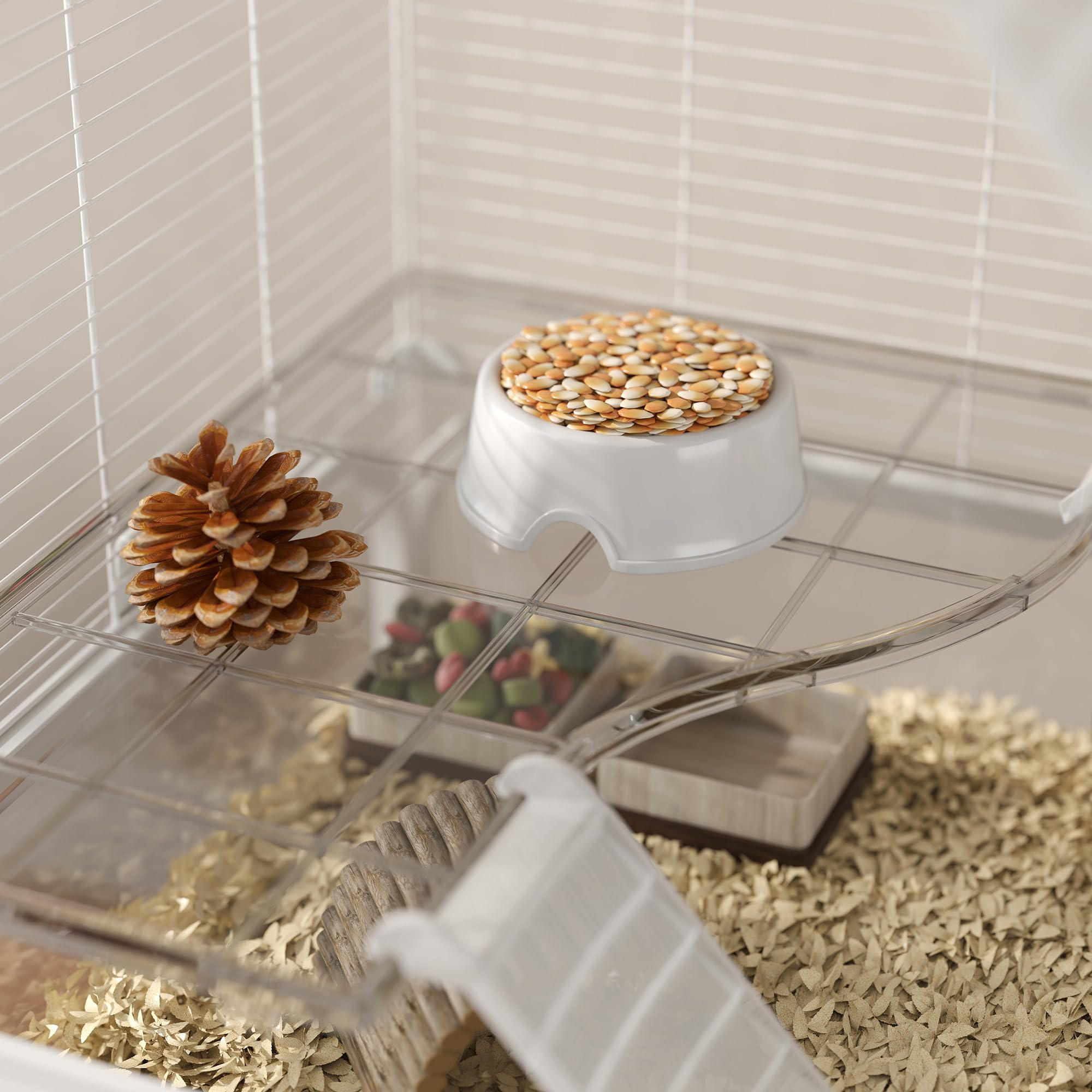 PawHut Jaula para Animales Pequeños de 4 Niveles con Ruedas Jaula para Roedores con Bandeja Profunda Rampas Plataformas Comedero y Bebedero Recinto para Chinchillas Hurones Hámster 73x47x123 cm Blanco