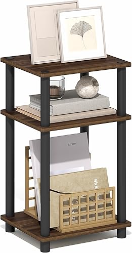 Miniatura 29 de Furinno Just Turn-N-Tube Mesita lateral auxiliar y de noche de 3 niveles con postes de plástico, paquete de 2 unidades, roble americano/negro