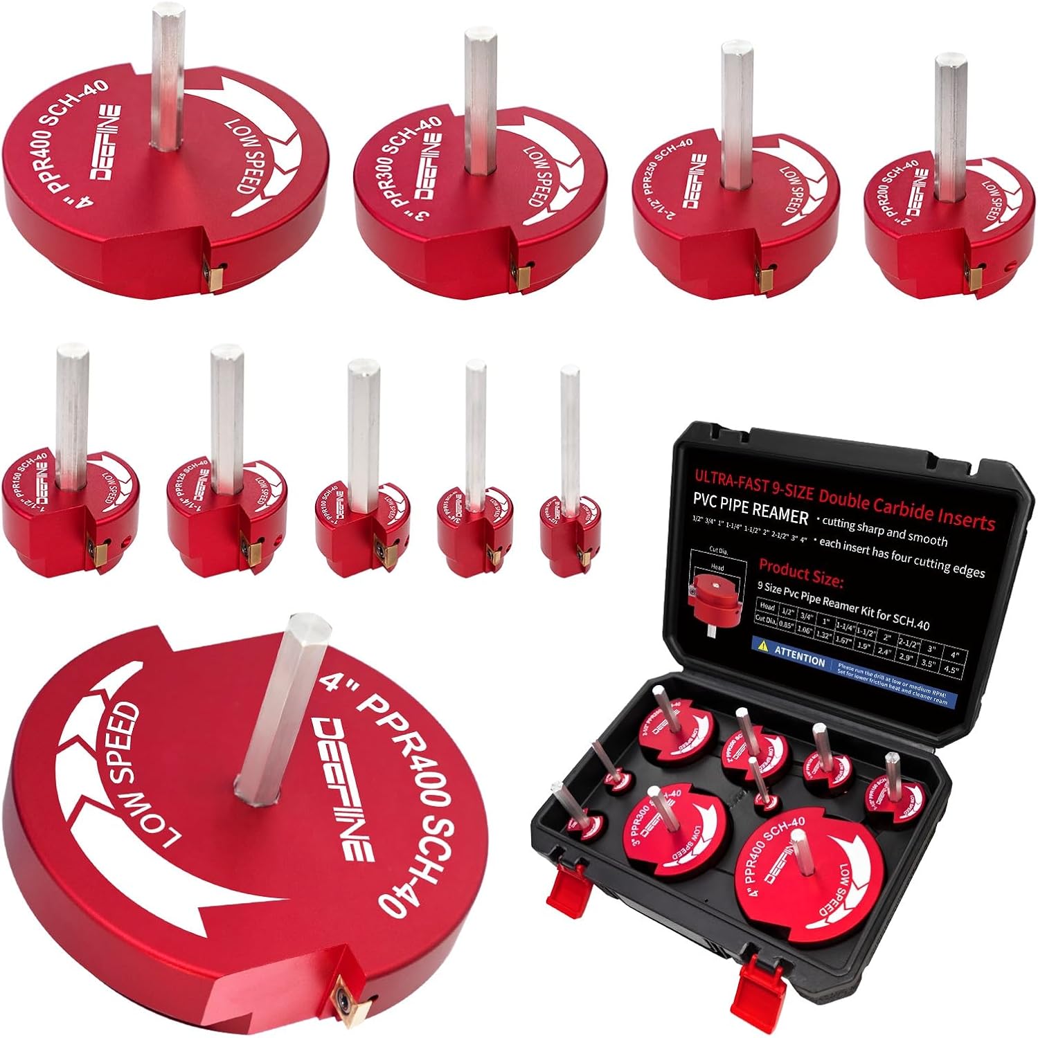 9Pcs Double Blade PVC Pipe Reamer Kit, PVC Fitting Saver Plastic Pipe Fitting Reamer Socket Saver Plumbing Tool Include 1/2",3/4'', 1'', 1-1/4",1-1/2'', 2'', 2-1/2",3'', 4'' for Schedule 40