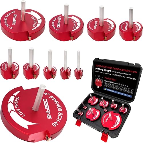 9Pcs PVC Pipe Reamer Kit,Double-Blade PVC Fitting Saver for SCH.40 | Plastic Pipe Fitting Reamer, Socket Saver Plumbing Tool with 1/2, 3/4, 1, 1 1/4, 1 1/2, 2, 2 1/2, 3, 4 inch Fits 1/2" Drill