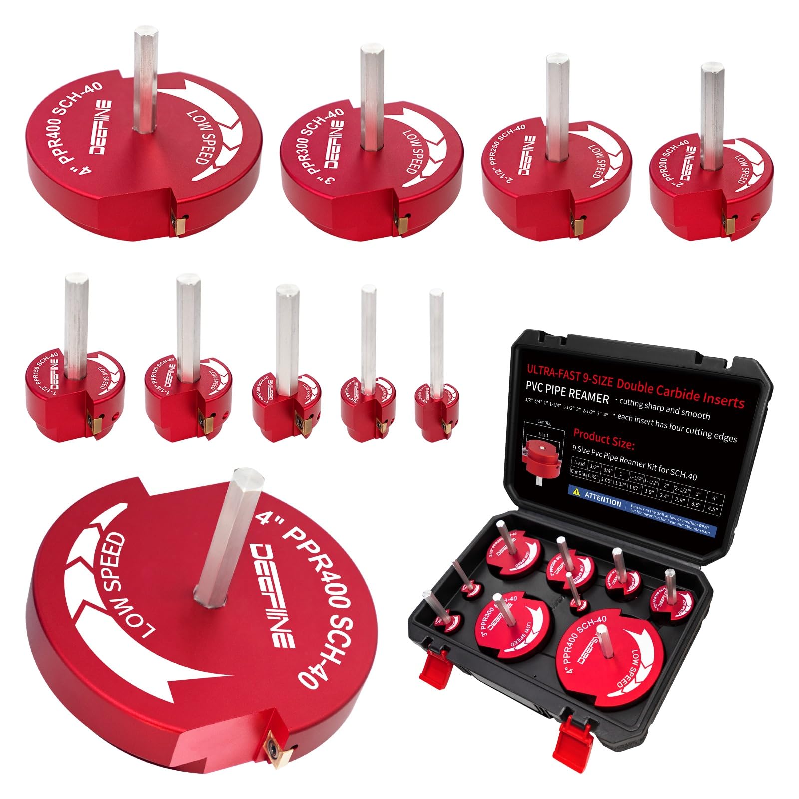 Photo 1 of DEEFIINE 9Pcs Double Blade PVC Pipe Reamer Kit, PVC Fitting Saver Plastic Pipe Fitting Reamer Socket Saver Plumbing Tool Include 1/2",3/4'', 1'', 1-1/4",1-1/2'', 2'', 2-1/2",3'', 4'' for Schedule 40