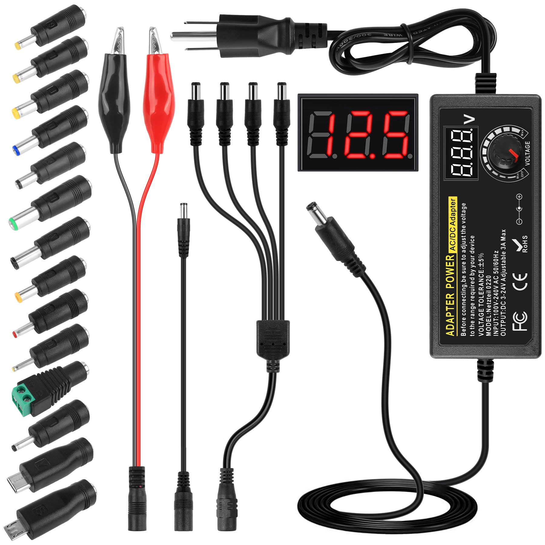 Universal Power Supply 3V~24V 3A 72W DC Power Supply Variable Universal Switching AC/DC Adapter, 100V-240V AC to DC Converter with LED Voltage Display