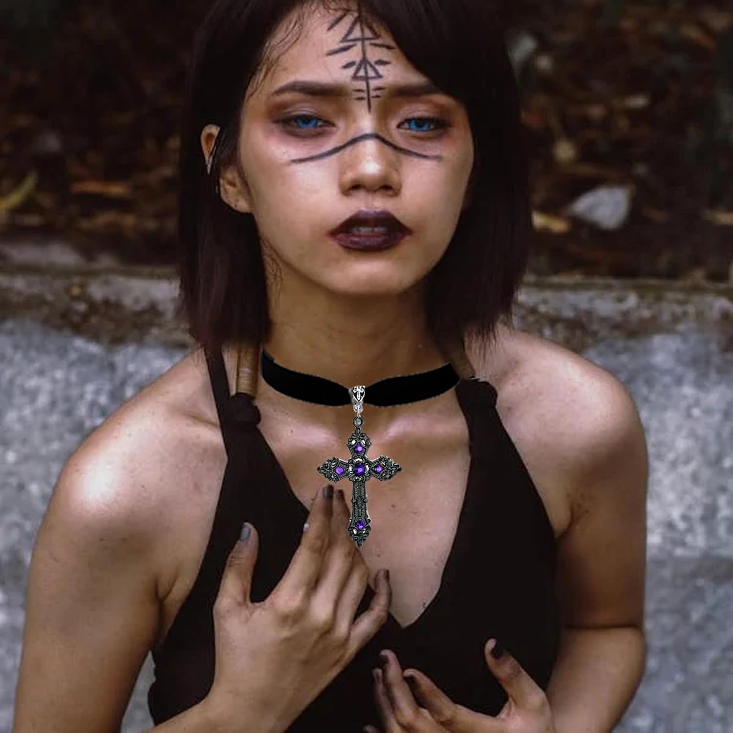GYRMMUE Gothic Cross Necklace, Vintage Red Crystal Gem Cross Pendent, Black Velvet Gothic Choker, Halloween & Christmas Goth Witch Jewelry for Women (Purple) - Image 2