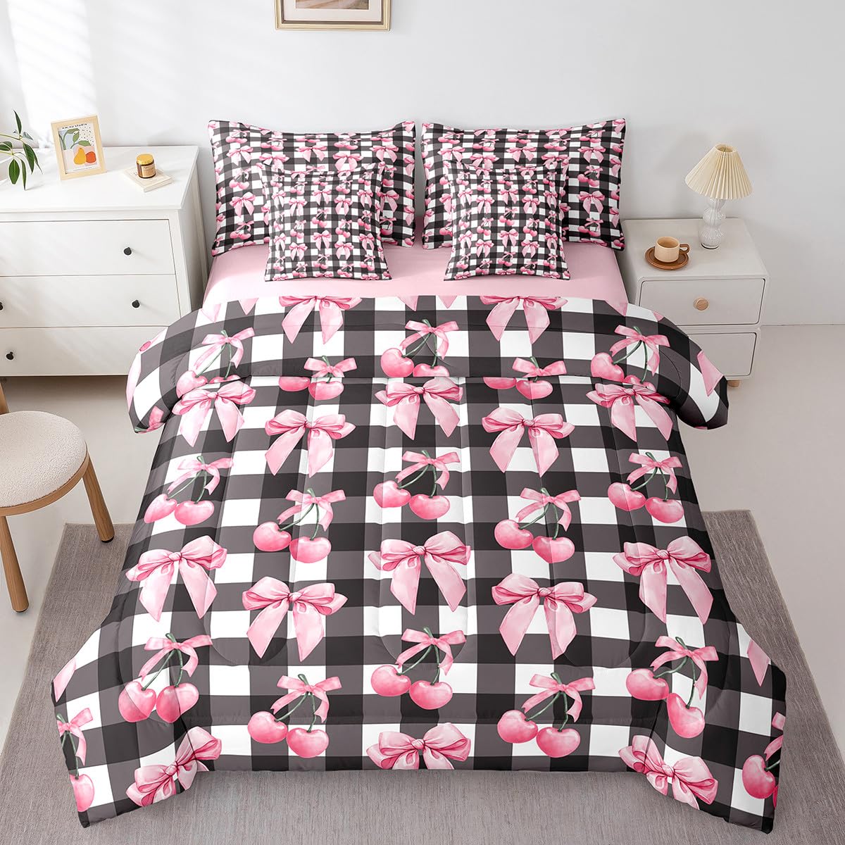 Erosebridal Pink Cherry Bow Bedding Set Watercolor Ribbon Bowknot Twin Comforter Set 7 Piece Cute Kawaii Bow Bed in A Bag for Kids Teen Adults Room Decor,Black Geometric Plaid Bowknot Bed Set