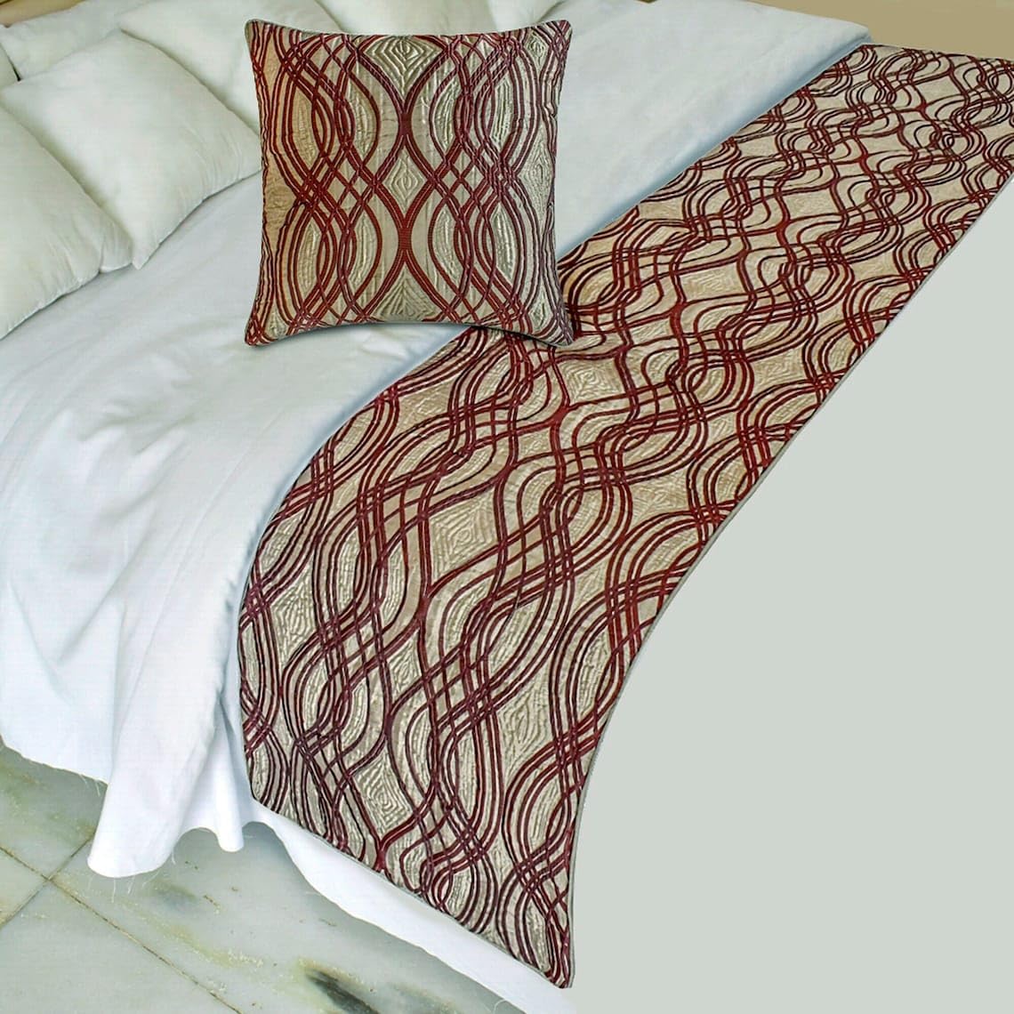 The HomeCentric King/Queen/Twin Brown Decorative Bed Runner Queen 185x45 cm Bed Runner With One Cushion Cover, Quilted, Swirl Pattern Bed Scarf on Satin fabric - Brown Swirls