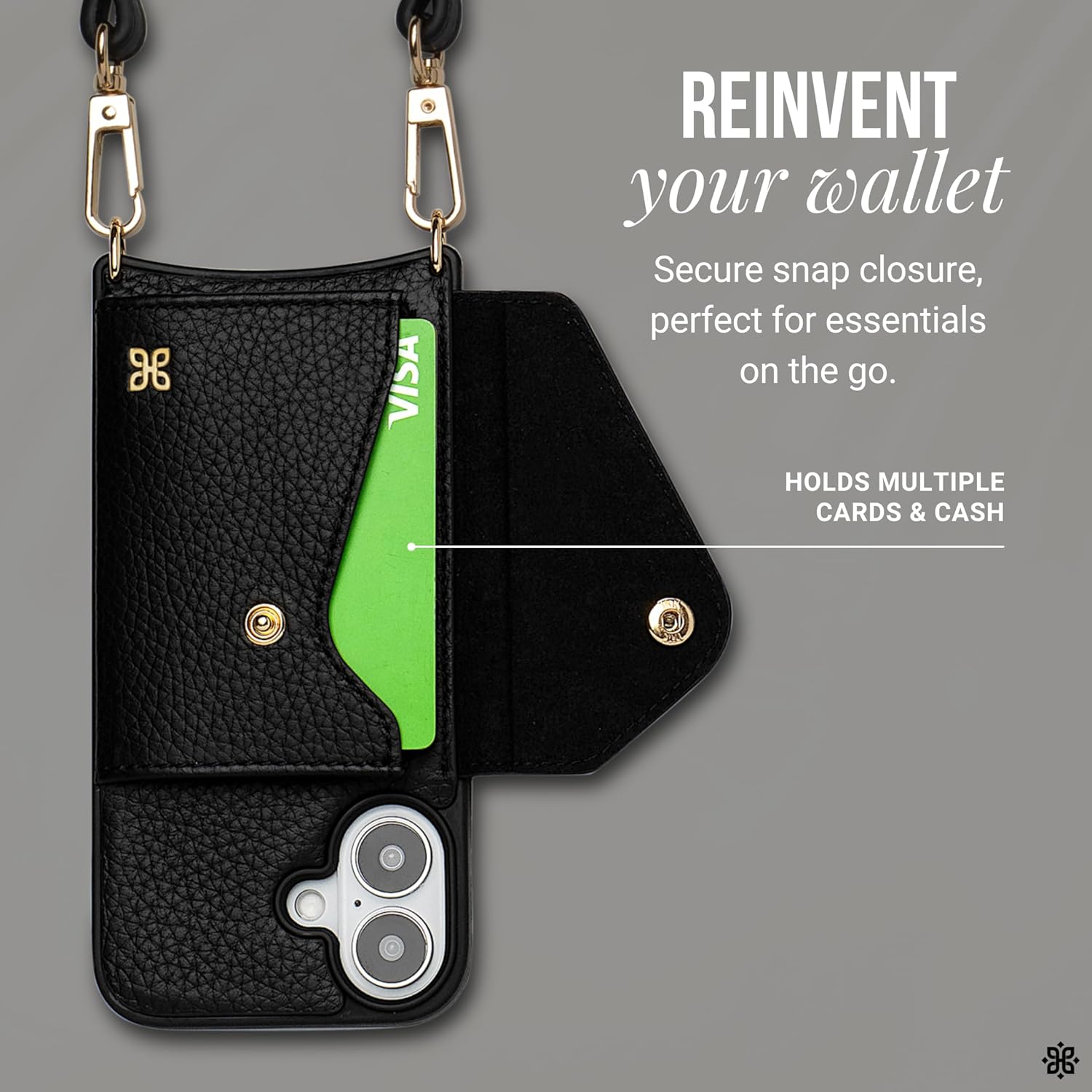 Crossbody Wallet Phone Case for Women | iPhone 16 Pro Max | 100% Genuine Pebble Leather with Gold Hardware | Adjustable & Removable Strap | Expandable Flip Card Holder