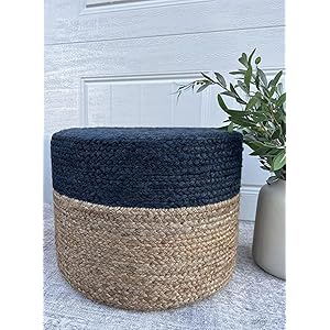 Jute Pouf Ottoman | Footrest Pouf | Hand Braided - Round Boho Pouffe - for Living Room, Bedroom, Nursery (18"x18"x12") Navy Jute Pouf Ottoman Footrest Pouf Hand Braided Round Boho Pouffe for Living Room Bedroom Nursery 18x18x12 Navy