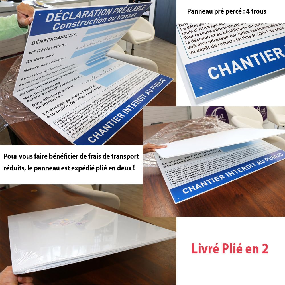 AUA SIGNALETIQUE - Panneau Déclaration Travaux Chantier– Akilux 5 mm – 80 x 120 cm – Avec Marqueur + Panneau “Chantier interdit au public” (Déclaration Préalable Travaux)