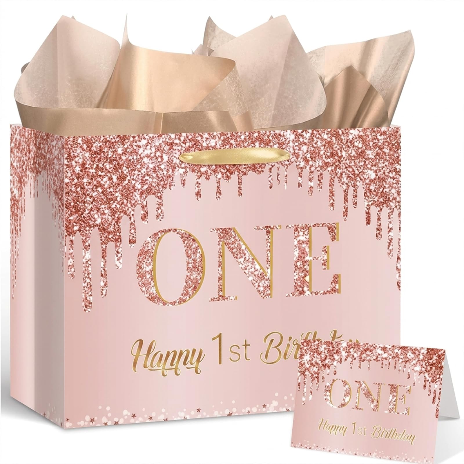 1st Birthday Gift Bag, 1st Birthday Wrapping Paper & Card, Rose Gold