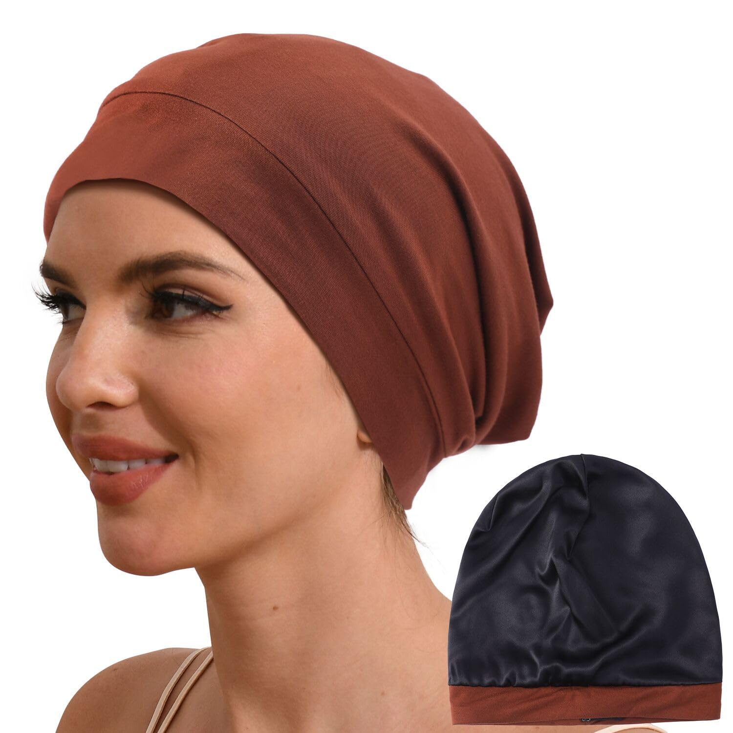 Hat Hut Unisex Titian Red 100% Mulberry Silk Lined Sleep Cap Pure Silk Bonnet For Curly Hair Wrap Bonnet For Sleeping Silk Lined Slouchy Beanie (Titian Red)
