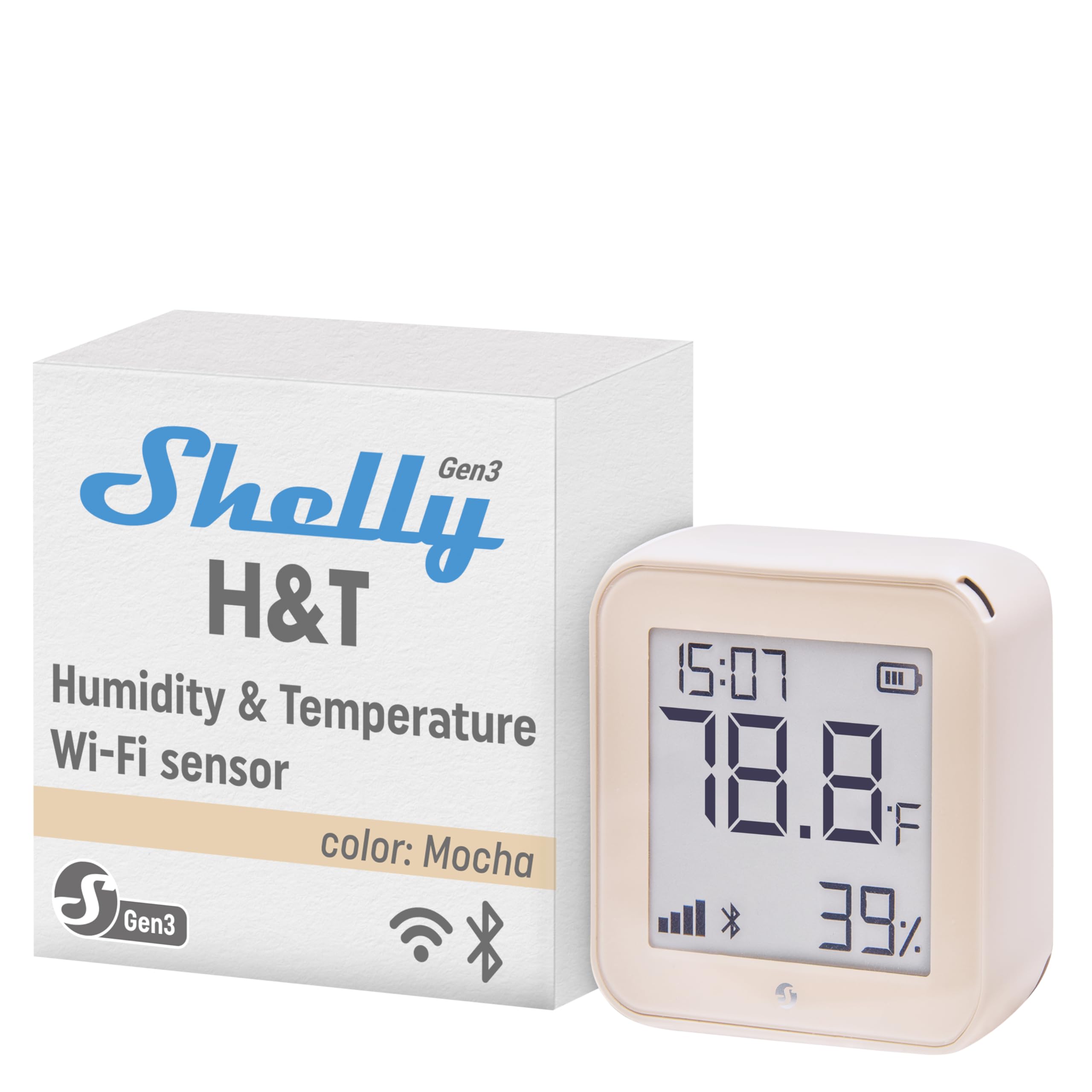 Shelly H&T Gen3 Mocha | Wi-Fi and Bluetooth Smart Temperature & Humidity Sensor with Remote App Control & Monitoring | Smart Scenes | Notification Alerts | LCD Display | Free Data Storage Export